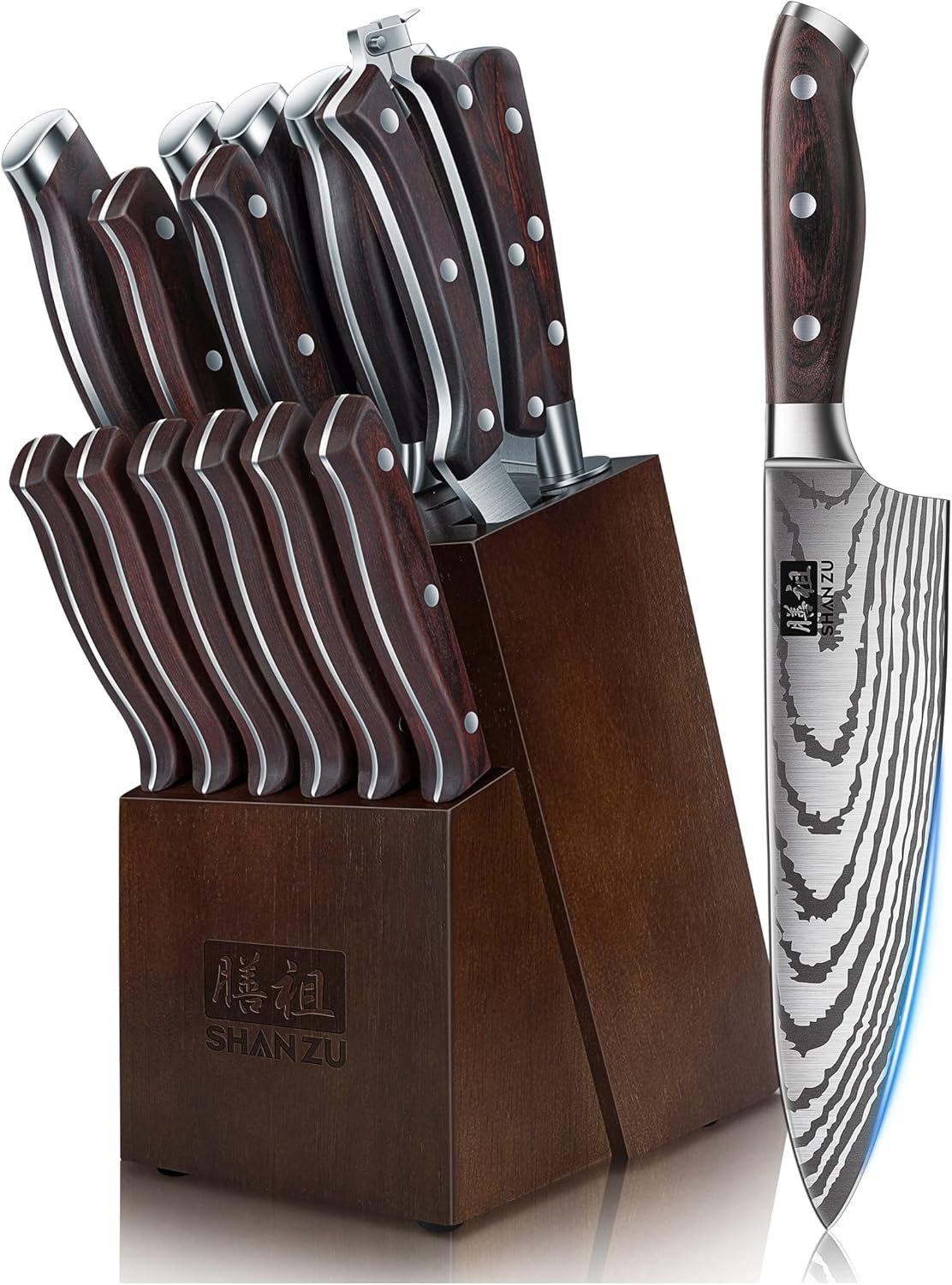SHAN ZU Knife Set 16 pcs, Japanese Kitchen Knife with Block High Carbon Stainless Steel Ultra Sharp Knife for Kitchen, Professional Chef Knife Set with Sharpener