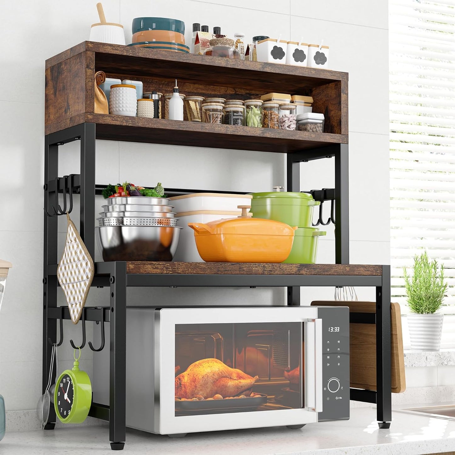 EnHomee Microwave Stand, 4-Tier with 9 Hooks for Kitchen Countertop Organizer, 205LBS Microwave Shelf, Adjustable Kitchen Shelves Microwave Stand with Storage and Microwave Oven Rack (Brown)