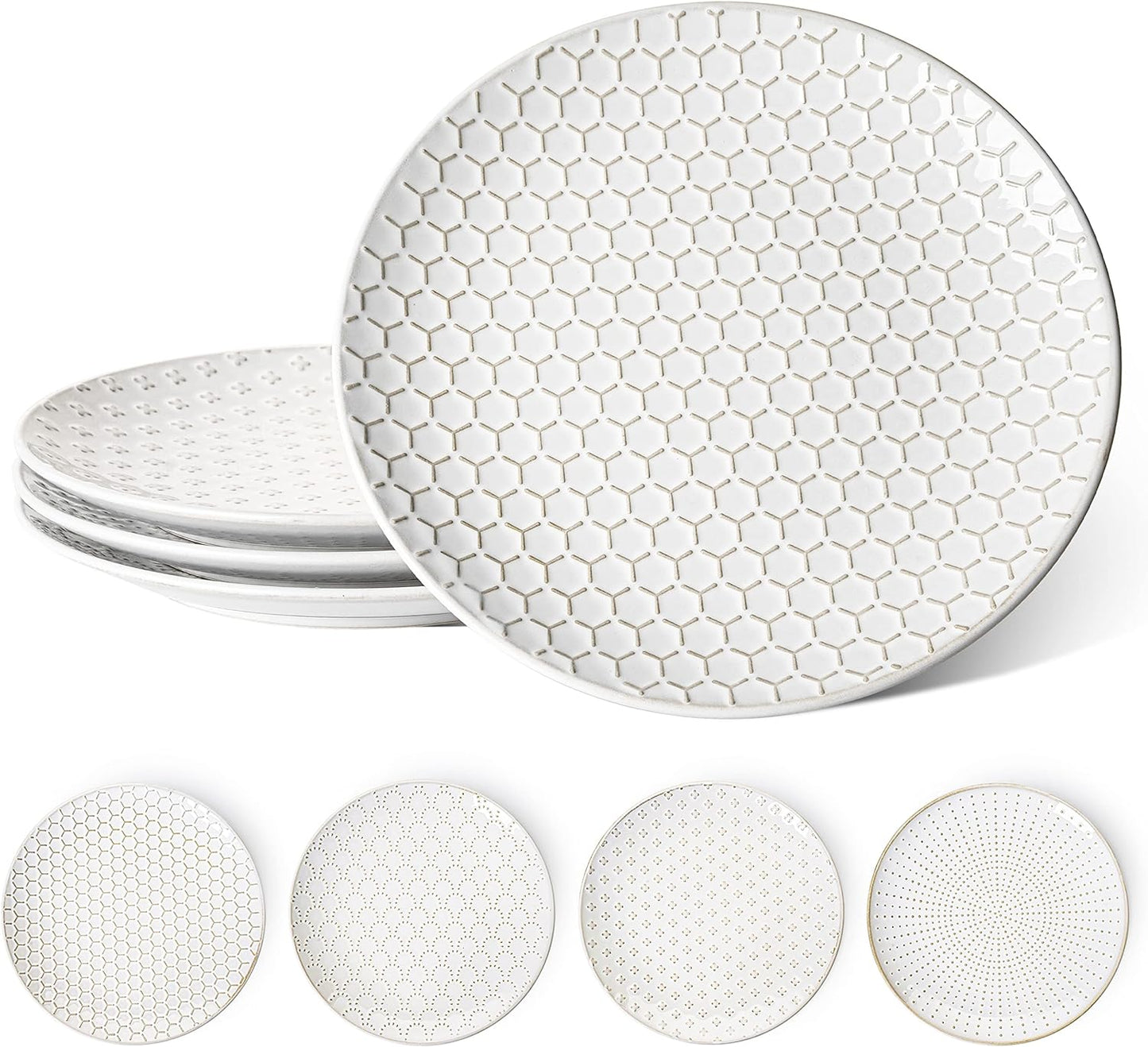 LE TAUCI Dinner Plates 10 Inch, Ceramic Dish Set for Kitchen, Embossed Serving Dish, Microwave Oven Dishwasher Safe, For Housewarming or Wedding - Set of 4, Arctic white