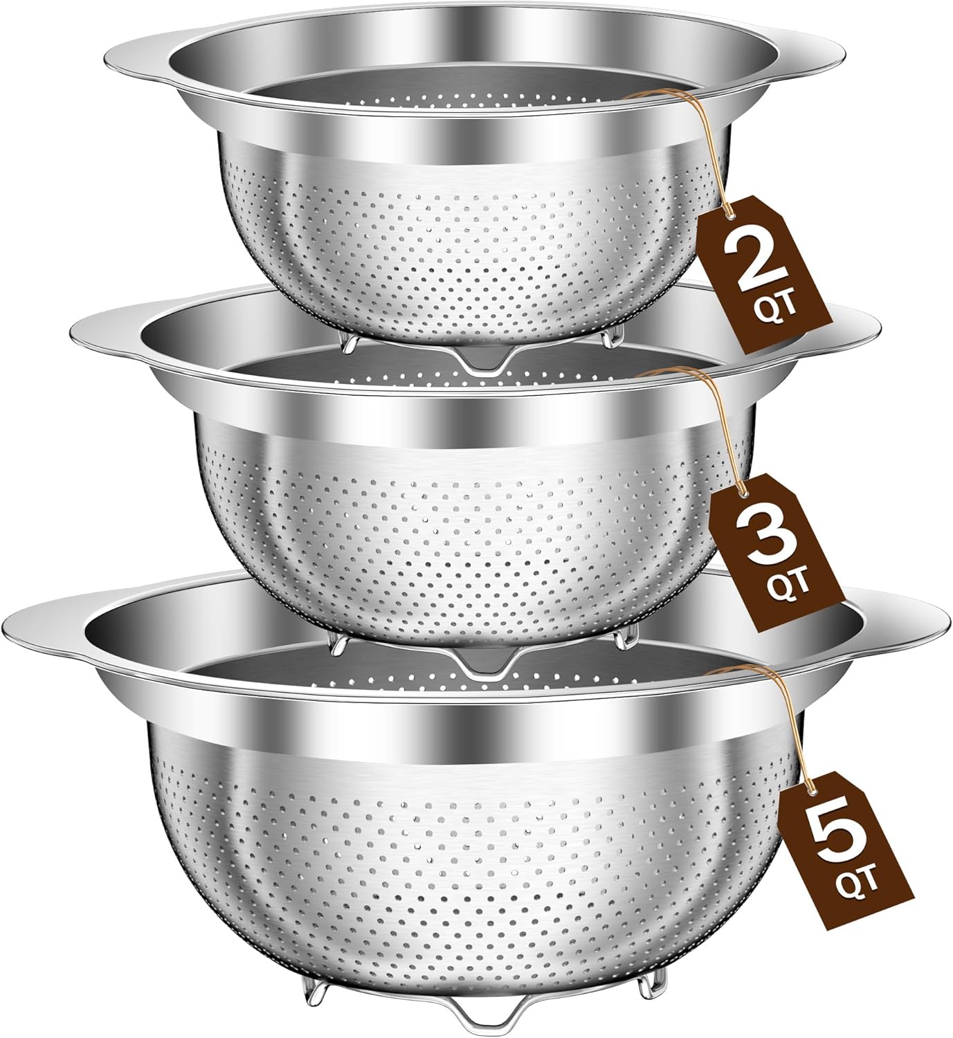 Stainless Steel Colander for Kitchen, Stainless Steel Strainer, Pasta Strainer for Spaghetti Fruits Vegetables Cooking Food, 3 Pcs Strainers and Colanders(2QT, 3QT, 5QT), Dishwasher Safe, Silver