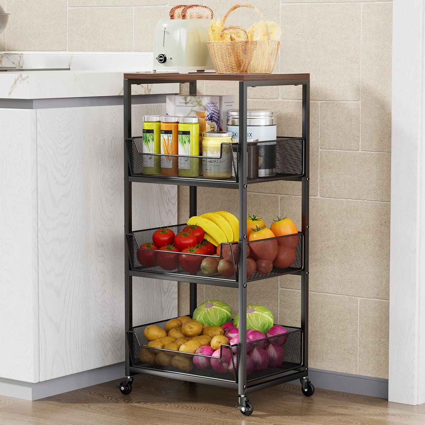 HapiRm Fruit Basket Kitchen Cart - 4-Tier Rolling Storage Cart with Wheels, Fruit Vegetable Basket with Wood Top, Pantry Utility Kitchen Organizer for Fruit Potato Onion Vegetable Bread Snack