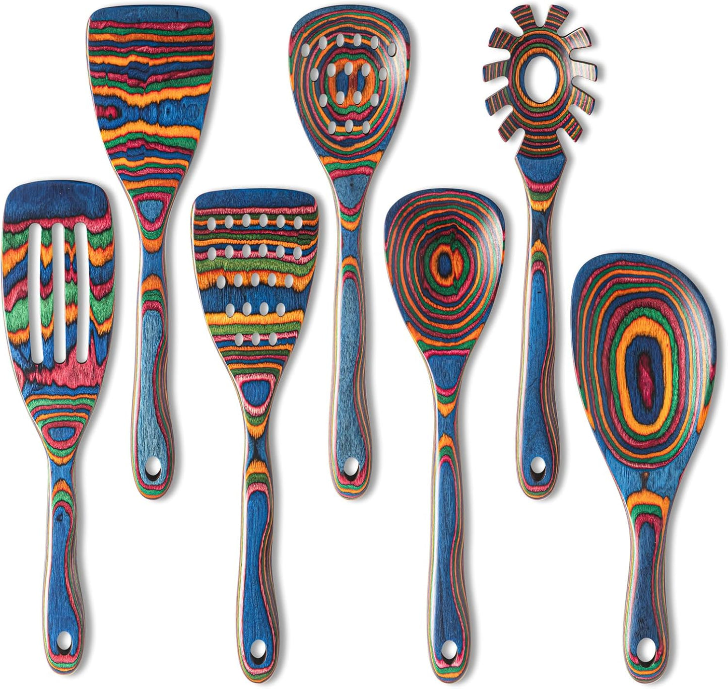 Gudamaye Pakkawood 7-Piece Blue Wooden Cooking Utensils - Wooden Spoons, Kitchen Utensil Set, Non-Stick Spoons
