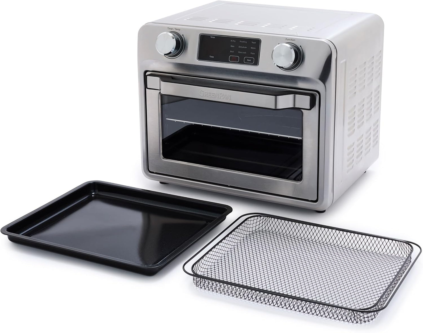 GreenPan Bistro Stainless Steel 9-in-1 Air Fry Oven, Nonstick Baking Pan, Stainless Steel Rack, and Basket, Fast Heating, Multifunction Presets, Cool-Touch Handle, PFAS-Free, Easy Cleanup Crumb Tray