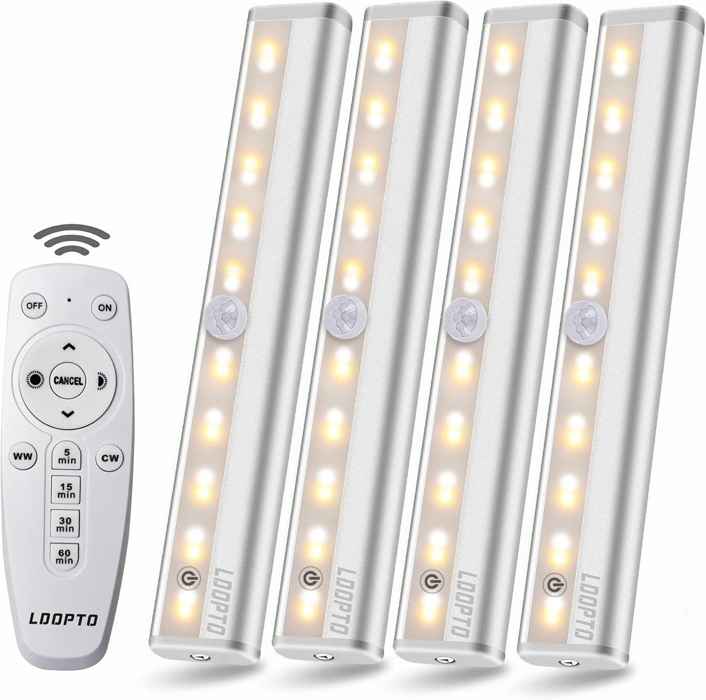 LDOPTO Under Cabinet Lights Wireless with Remote Control Dimmable Battery Operated LED Closet Lights Stick-on Kitchen Lighting with Timer for Kitchen Shelf Hallway Stairs, Multiple Colors 4 Pack