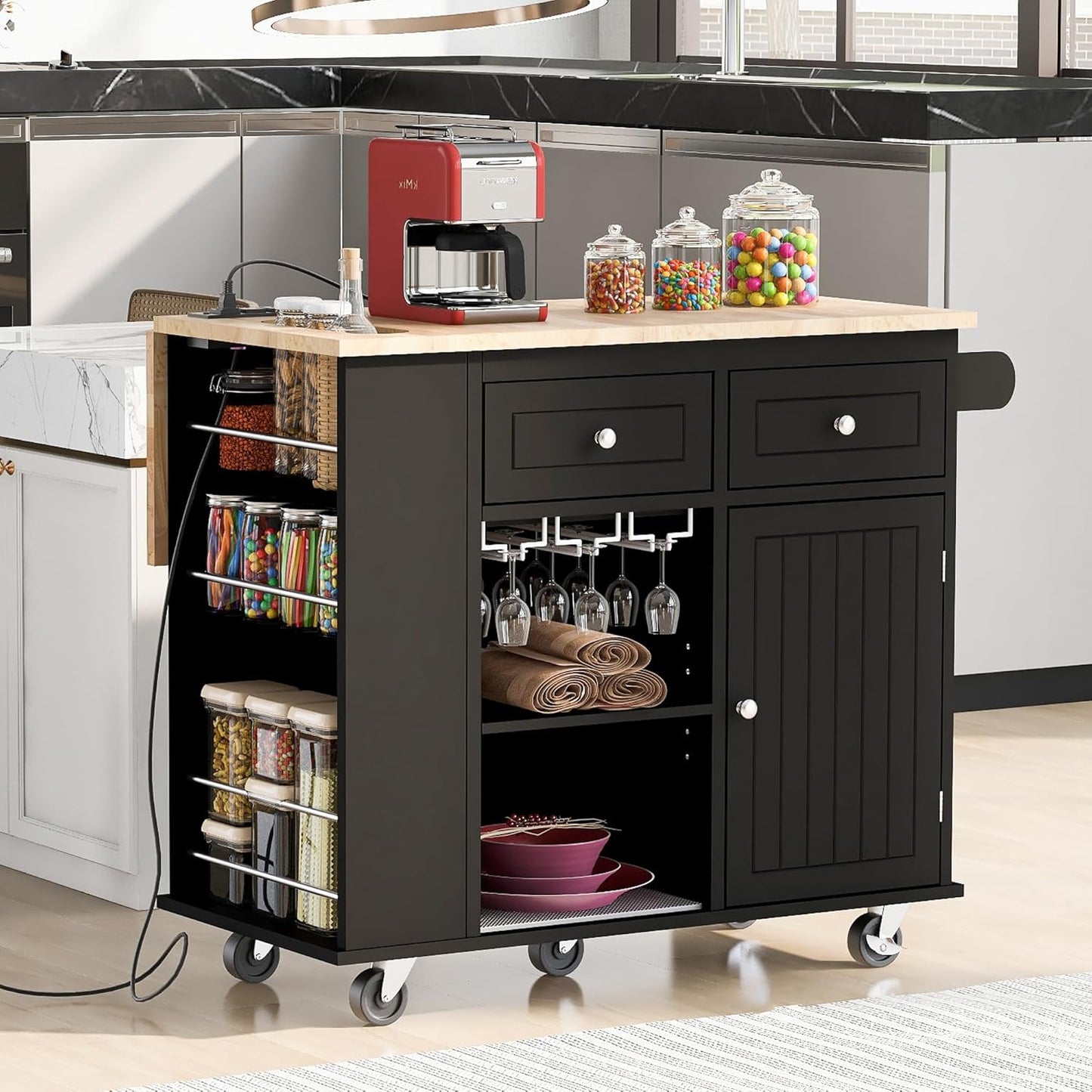 YOPTO Kitchen Island with Power Outlet,Drop Leaf and Rubber Wood,Open Storage & Wine Rack,Storage Cart with 5 casters,w\/Adjustable Storage for Home, Kitchen, and Dining Room, Black