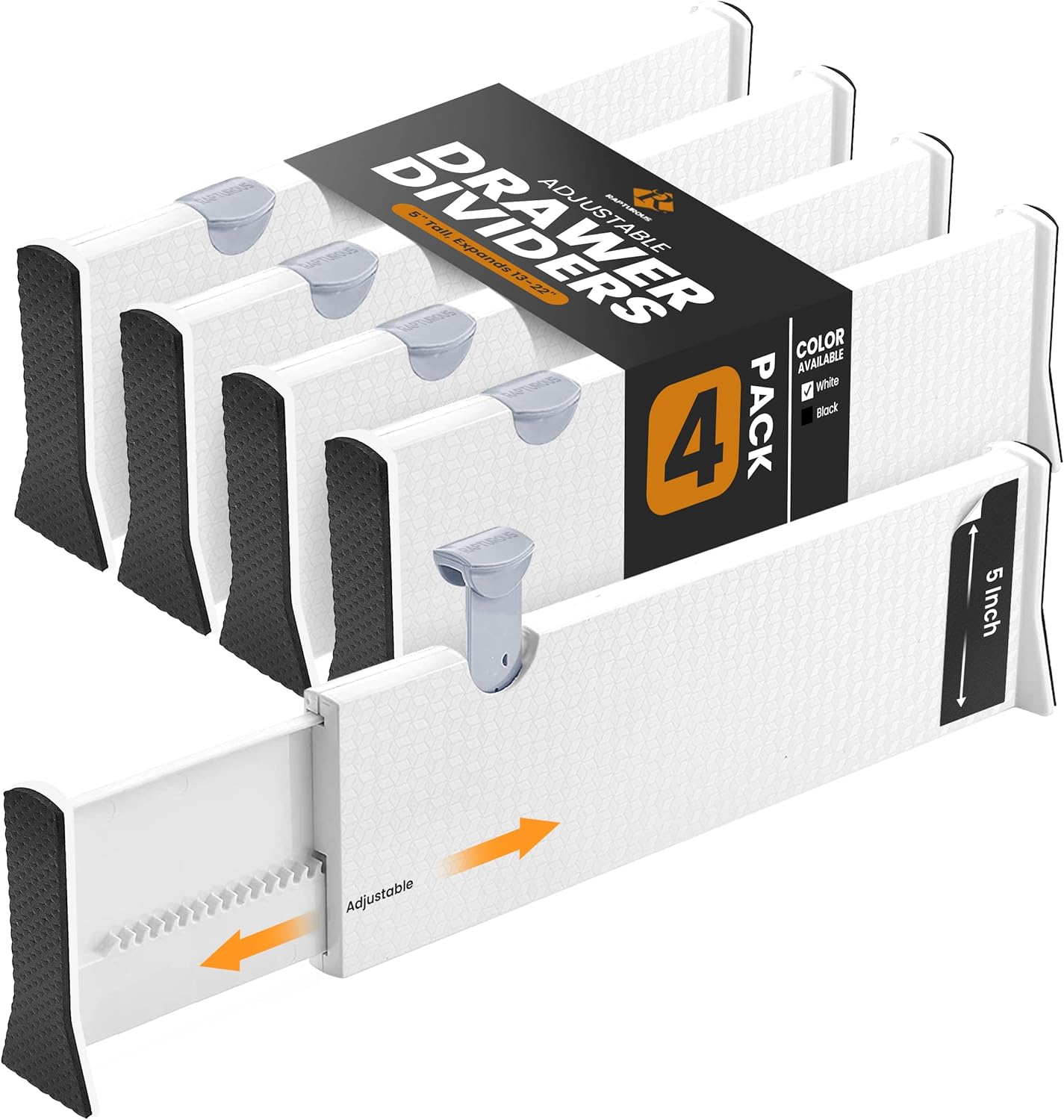 RAPTUROUS Adjustable Deep Drawer Divider \u2013 5" Tall, Expandable 13-22", 4-Pack, Non-Slip Drawer Dividers for Clothes, Dresser, Kitchen & Office Organization (White)