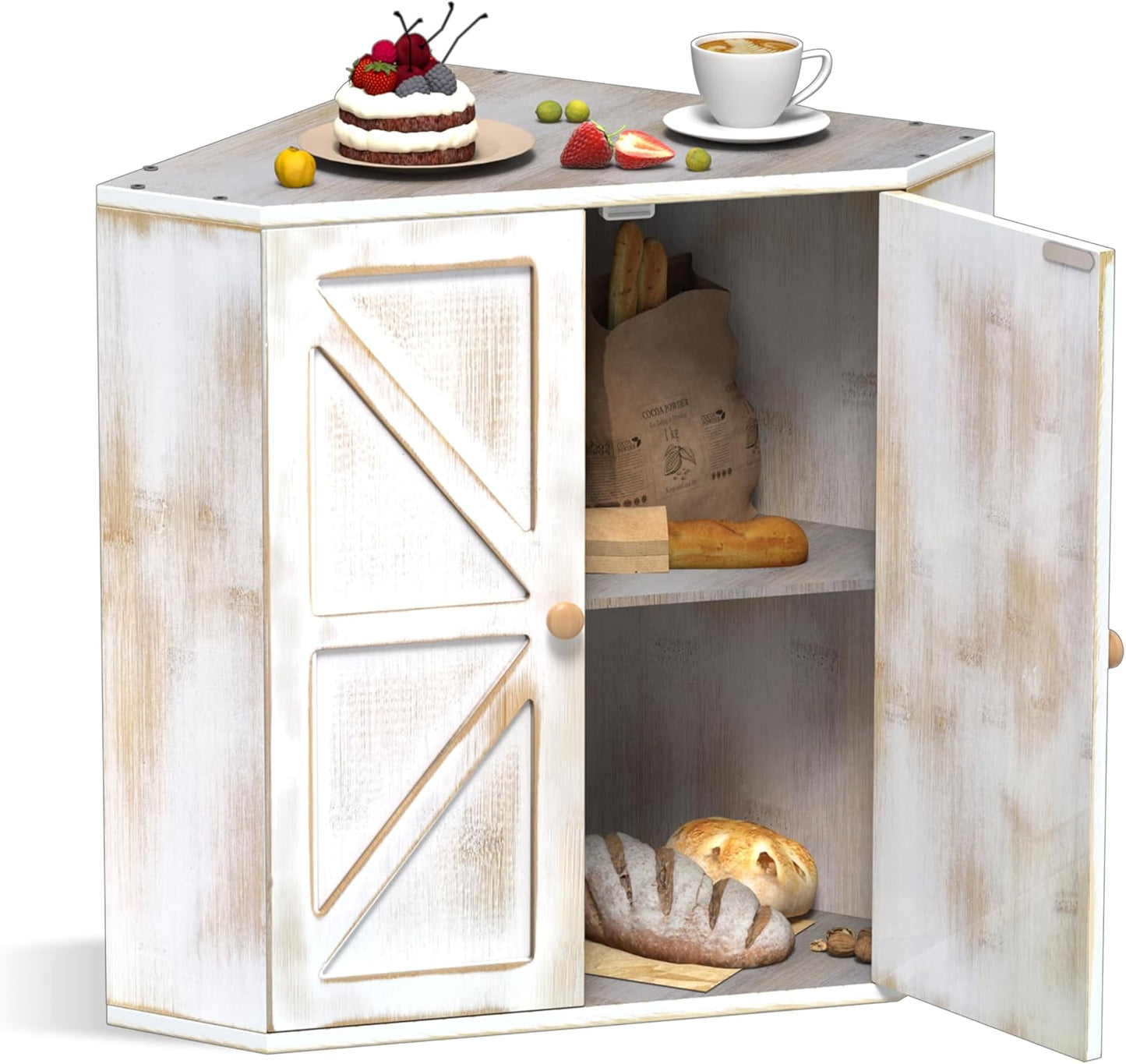 Trironsun Corner Bread Box for Kitchen Counter Double Layer Bamboo Bread Storage Container Large Capacity Bread Storage Bin Farmhouse Breadbox Organizer