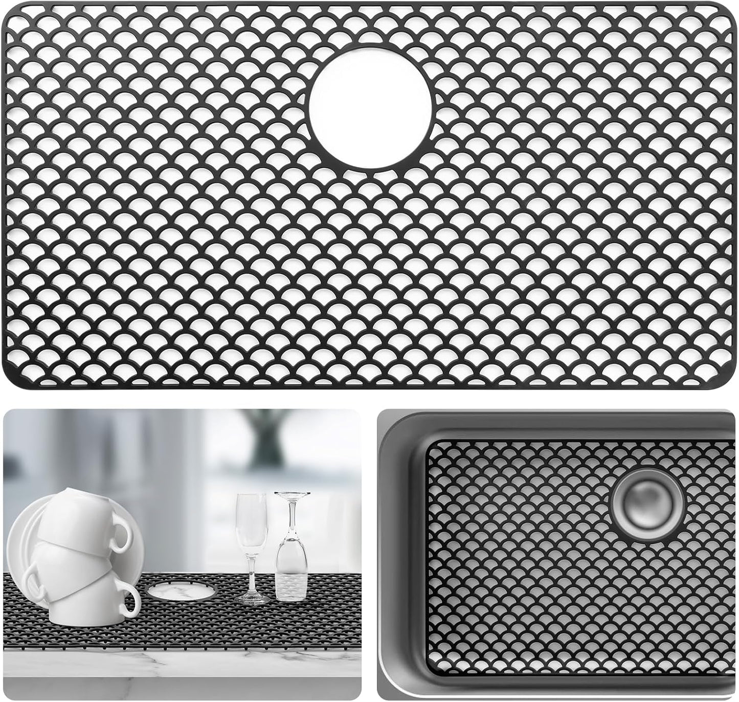 Sink Protectors for Kitchen Sink - Large 28.4"x 15" with Rear Drain Hole Heat Resistant Easy Clean Non-slip Silicone Kitchens Sinks Mat for Bottom of Kitchen Sinks Stainless Steel(Black)-72x38CM