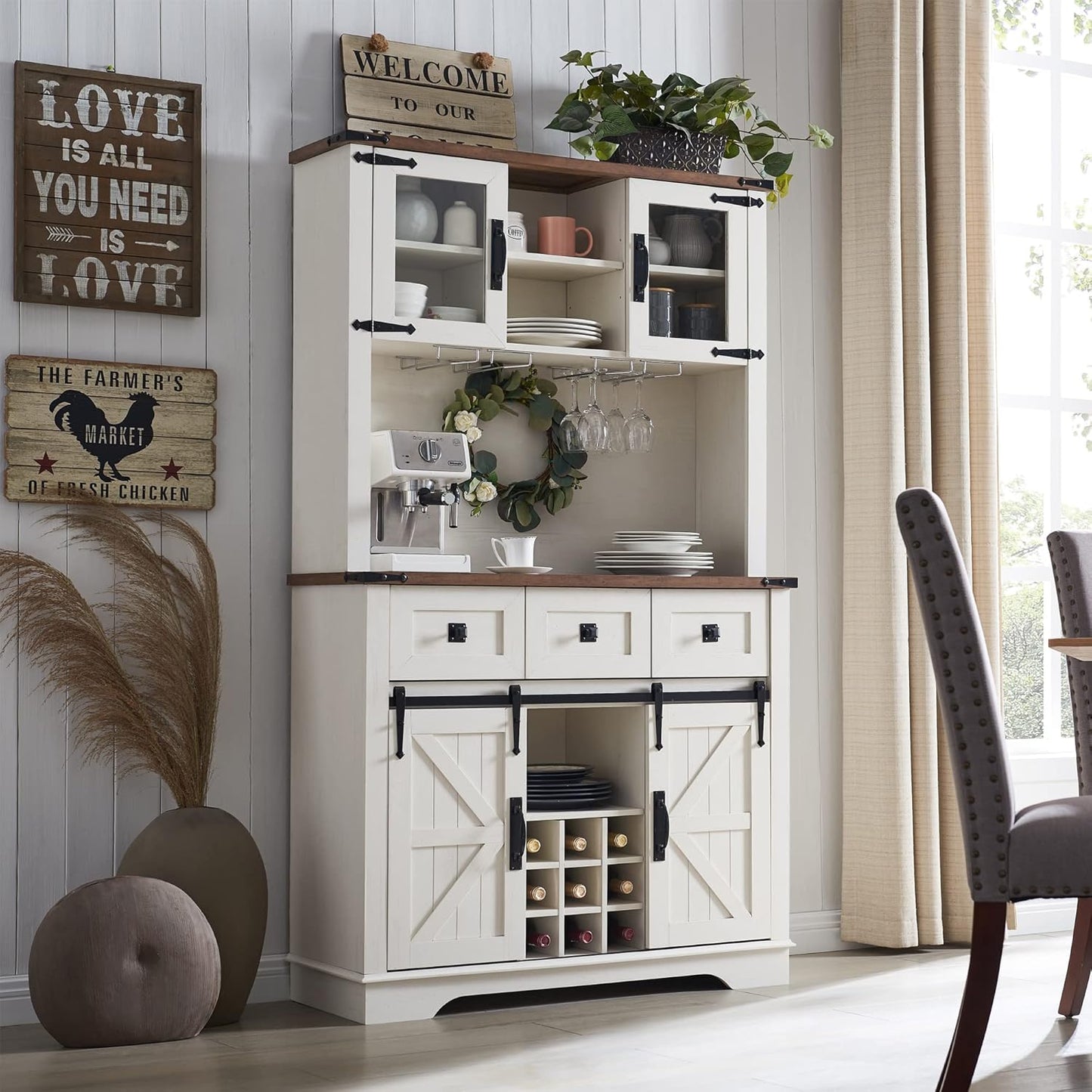 OKD 72" Farmhosue Bar Cabinet with Sliding Barn Door, Large Kitchen Buffet with Hutch w\/Wine & Glasses Rack, 3 Drawers, 12 Storage Shelves, Rustic Coffee Bar Sideboard Table, Antique White