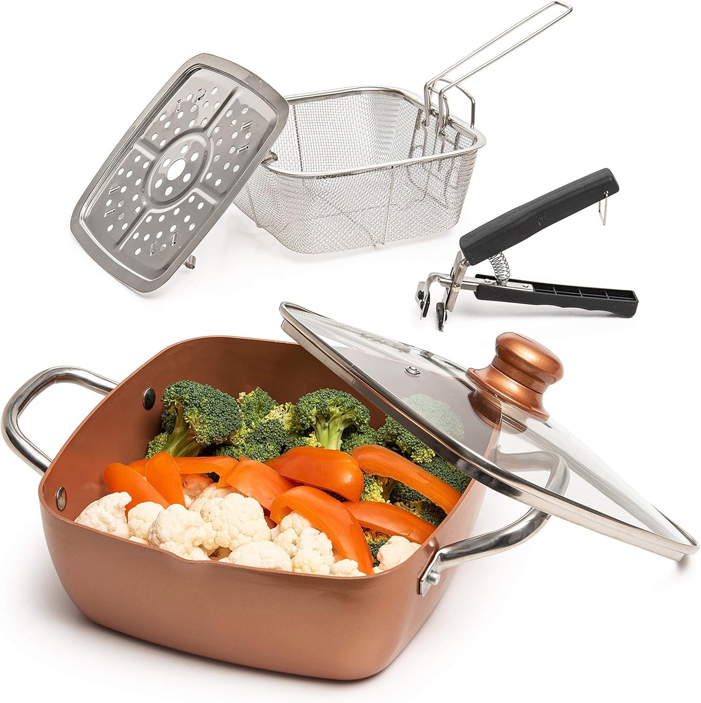Moss & Stone 5 Pcs Copper Chef Cookware Non Stick Deep Frying Pan, Fry Basket, Steamer Rack, Dishwasher & Oven Safe, 5 Qt Deep Square Pan, Induction Copper Cookware Set - 9.5" x 3.5"