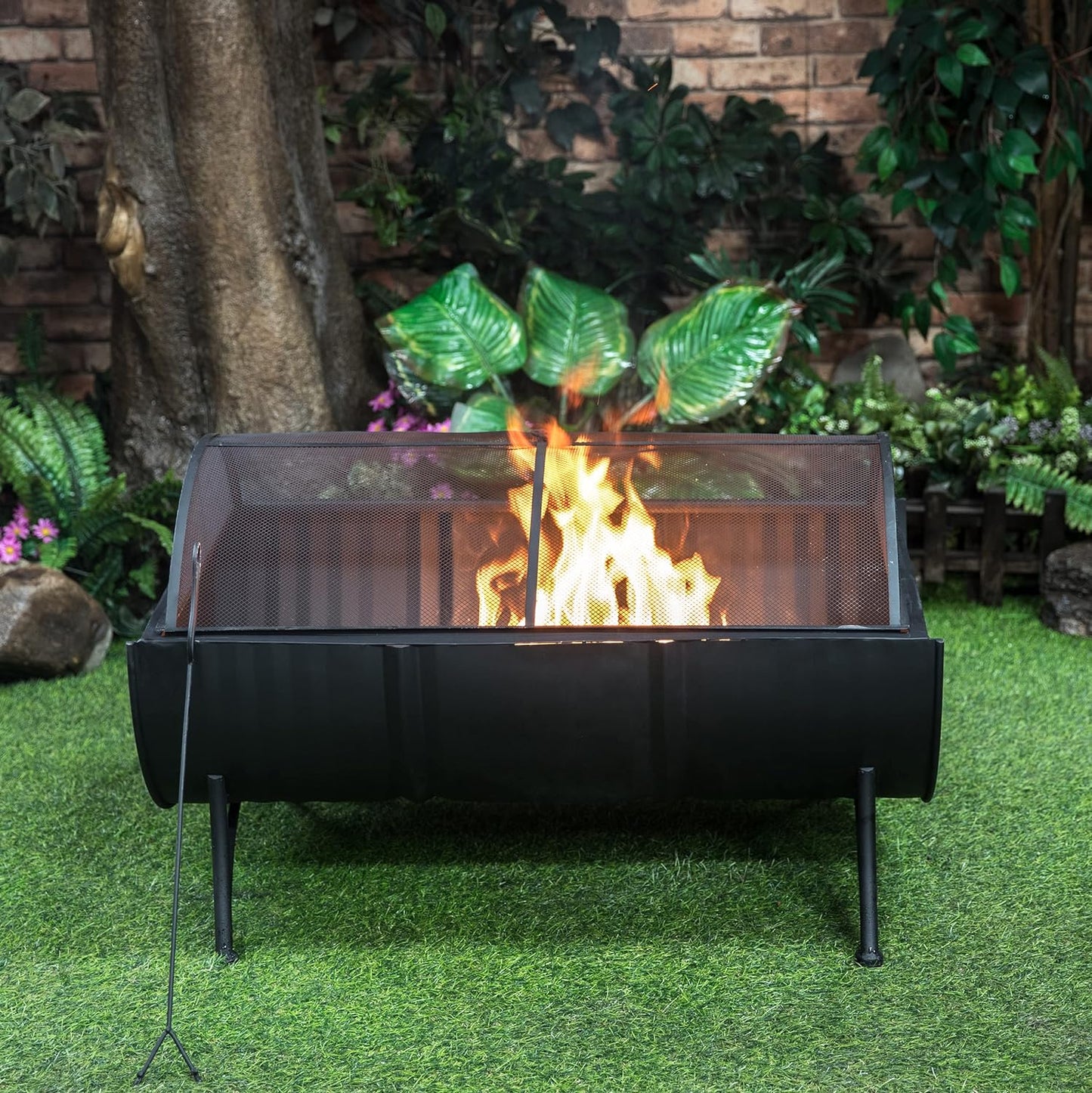 35-Inch Large Oval Barrel Wood Burner Firepit Patio Firebowl for Outside Use - Outdoor Wood Burning Fire Pit with Spark Screen and PVC Cover Protector, Black