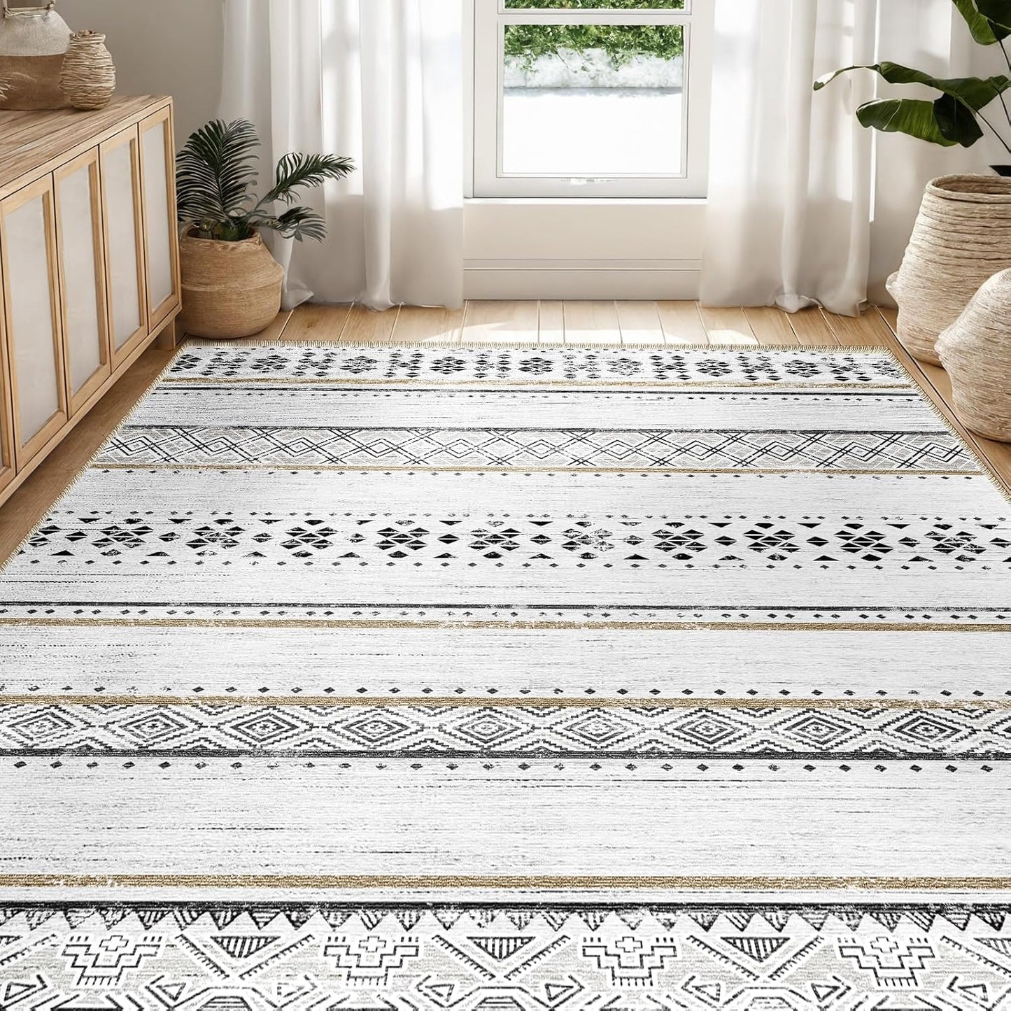 BESTSWEETIE 5x7 Area Rugs for Living Room Washable Moroccan Farmhouse Neutral Geometric Low Pile Non-Slip Soft Print Pattern Rug for Bedroom Kitchen Dining Room Entryway Black\/Brown