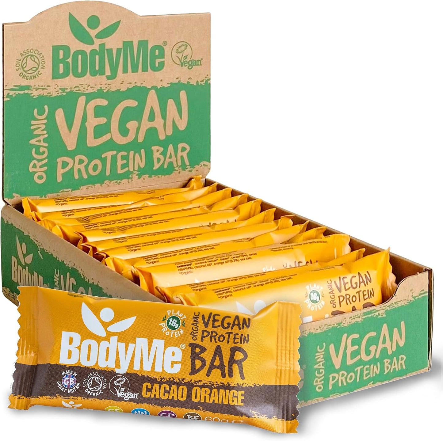 BodyMe Organic Vegan Protein Bar | Raw Cacao Orange | Box of 12 x 60g (2.12oz) | with 3 Plant Proteins