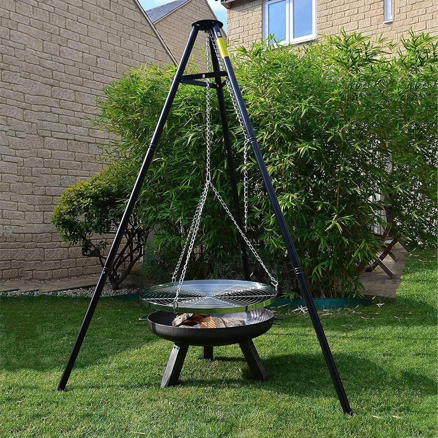 Outdoor Height-Adjustable Hanging Tripod Campfire Cooking Equipment,Portable Camping Campfire Grill,Heavy Duty Firepit Grill,for Outdoor Cookin
