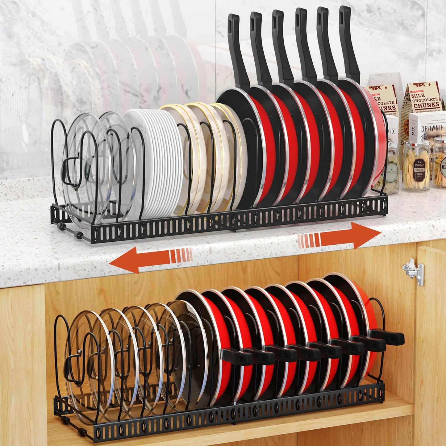 2 Pack Pot and Pan Organizer Rack, 12"-23" Expandable Pot Lid Organizer with 14 Adjustable Dividers, Pan Holder Storage Rack for Kitchen Cabinet, Black