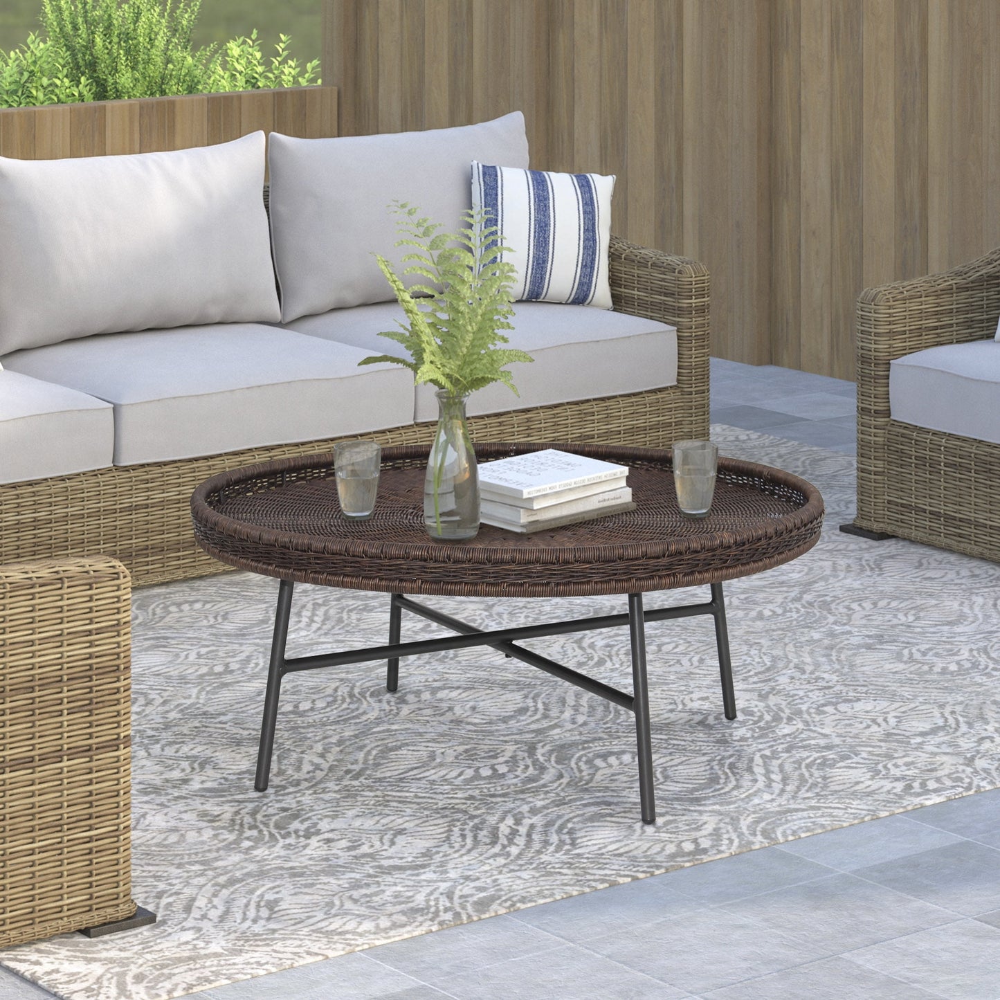 Abble 30” Round Dark Brown PE Wicker Coffee Table with Black Metal Legs, Indoor or Outdoor use for Living Room, Patio, Garden, Backyard, Porch