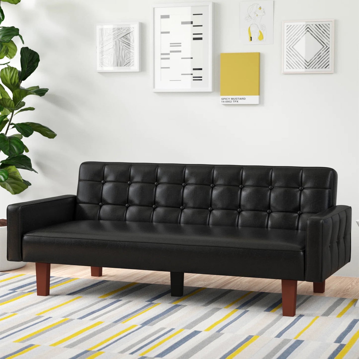 Aukfa 75" Leather Futon Convertible Sofa Bed, Arm Couch for Home Office, Button-Tufted Back, Black