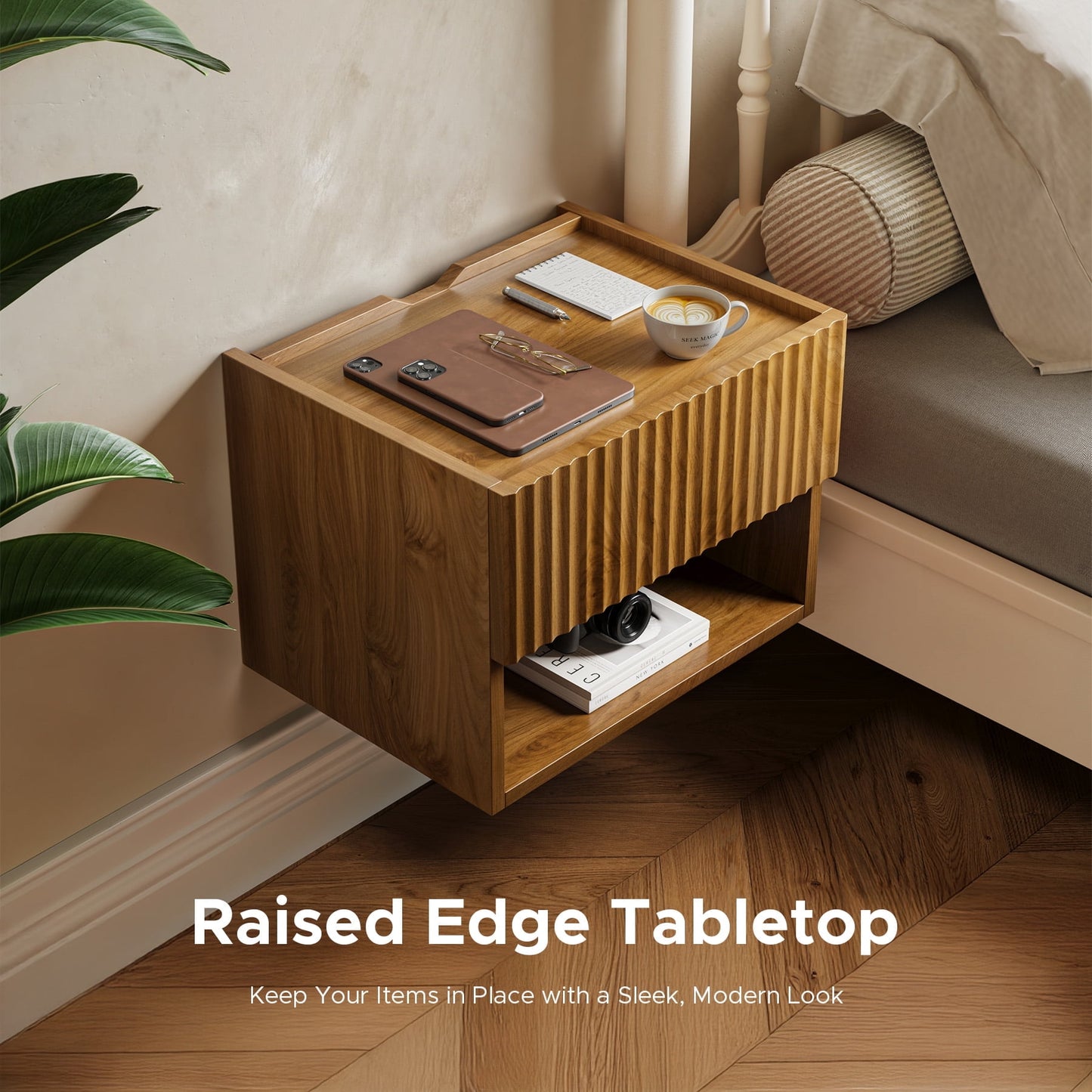 Wood Wall Mounted Bedside Cabinet with Storage Drawer - Floating Nightstand for Bedroom, Hallway, Entryway