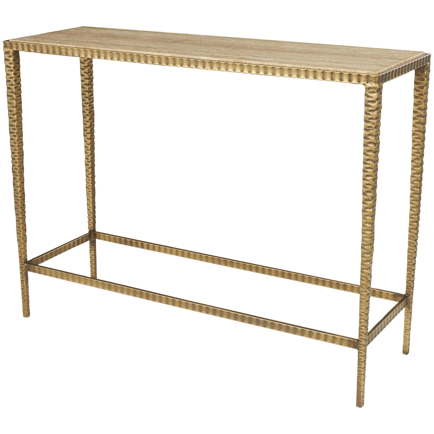 DecMode 37" x 28" Beige Marble Slim Rectangular Console Table with Hammered Gold Metal Legs, 1-Piece