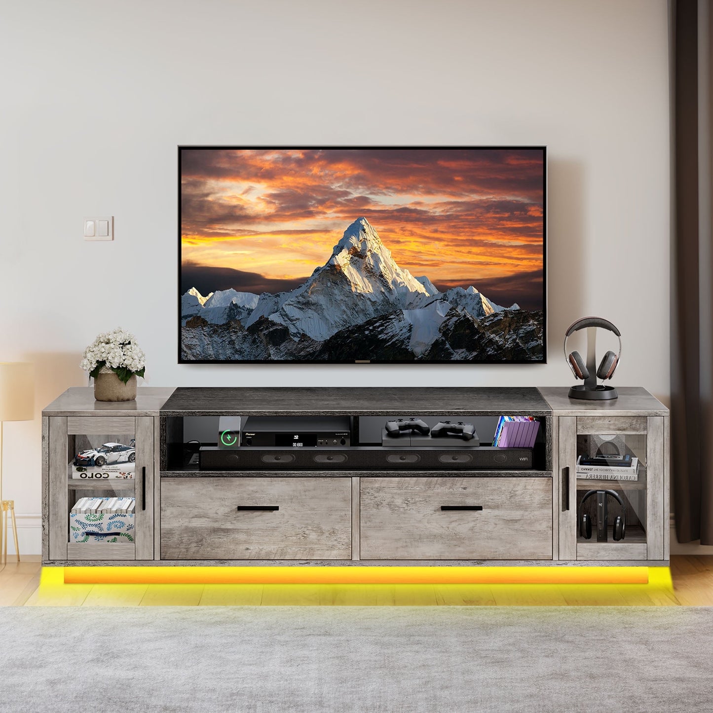 Dextrus LED TV Stand for 75" TV, Entertainment Center w/Outlets & USB Ports, Media Cabinet, Gray