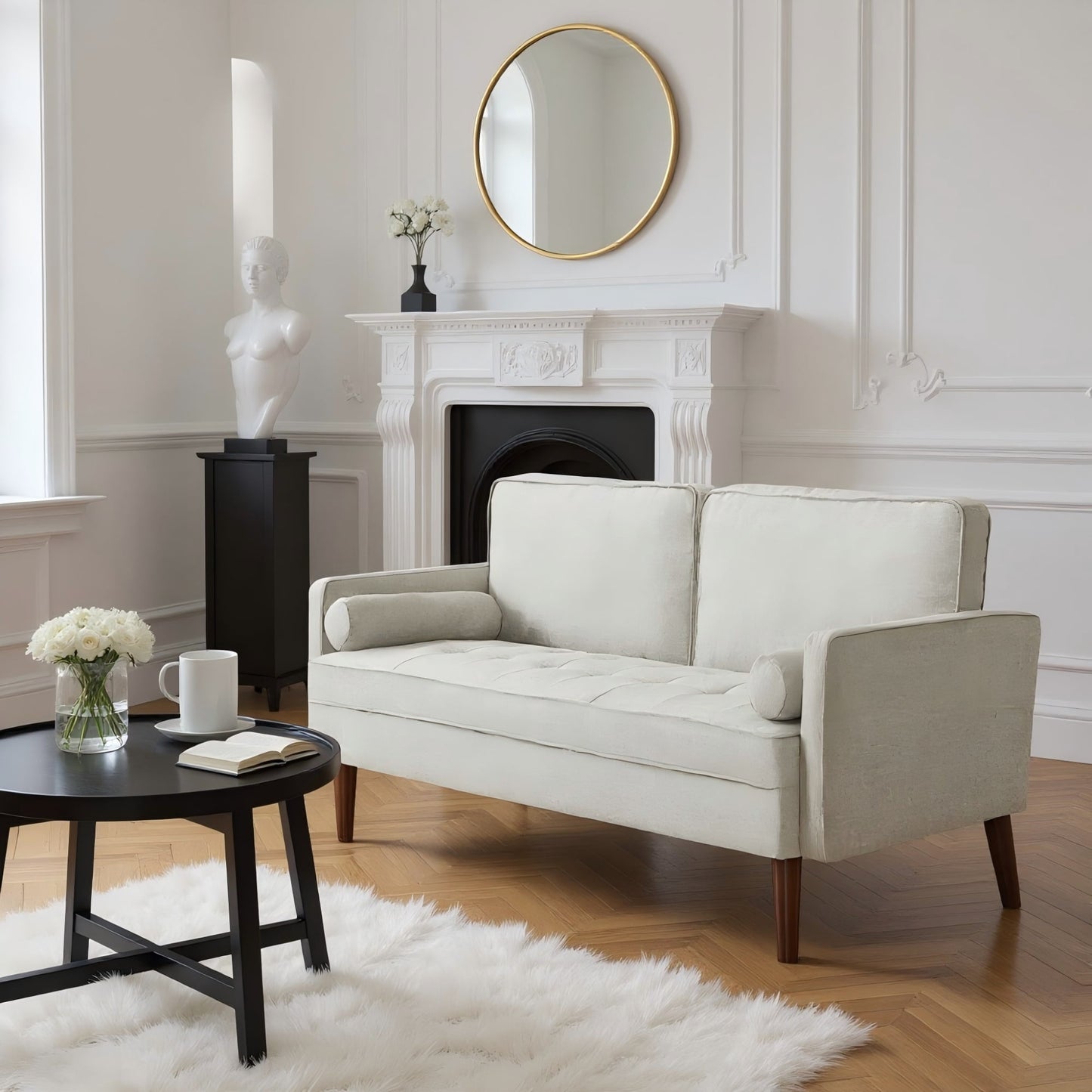 Gewnee 65"Modern Loveseat Couch, Upholstered Sofa with Removable Back Cushion and 2 Bolster Pillows, Contemporary Loveseat for Living Room, Home Office, Bedroom(Beige)