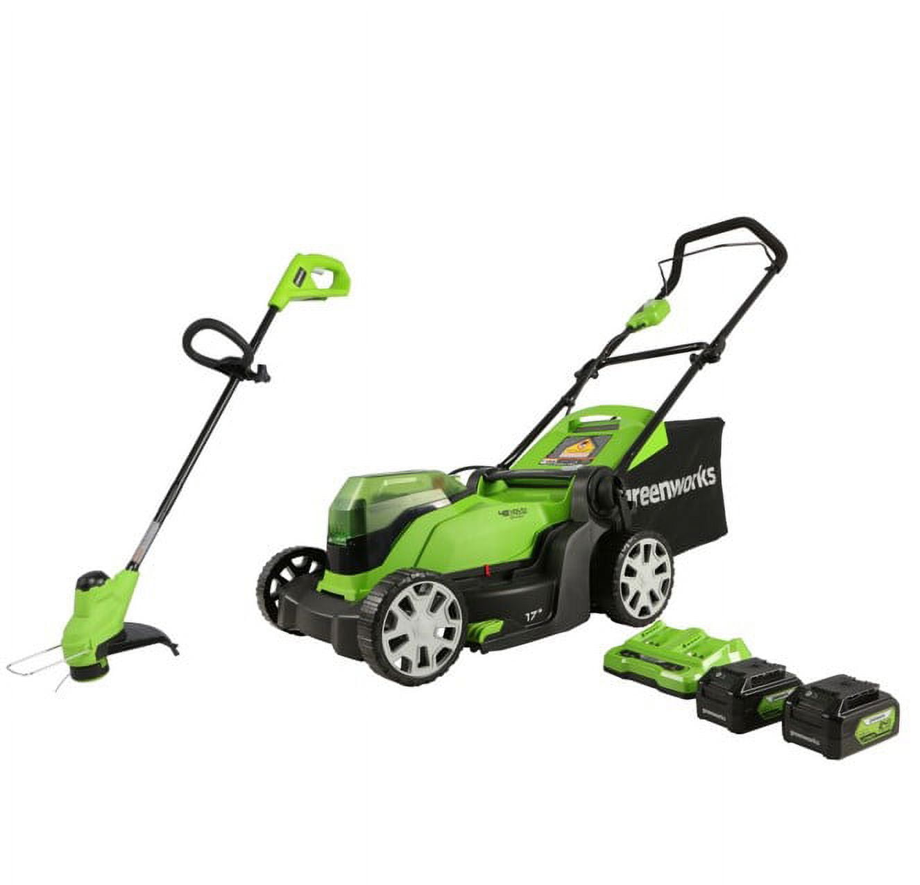 Greenworks 24V Straight Shaft String Trimmer, 48V 17" Mower Combo Kit + (2) 24V 4Ah Batteries & Dual Port Charger