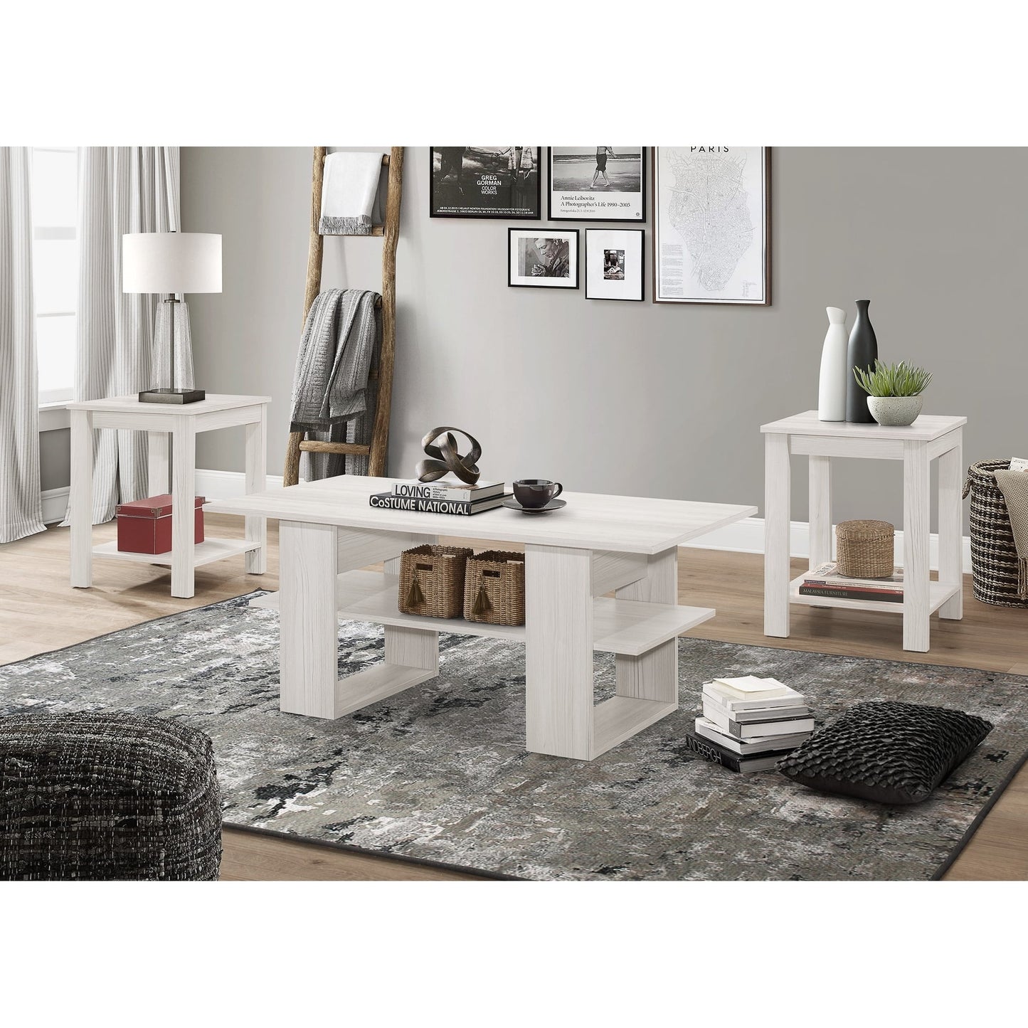 Home Design Beverly 3-Piece Coffee Table Set with 1 Rectangular Coffee Table and 2 Square End Tables, Each with Open Shelf for Storage and Display, Modern Living Room Design, Light Gray