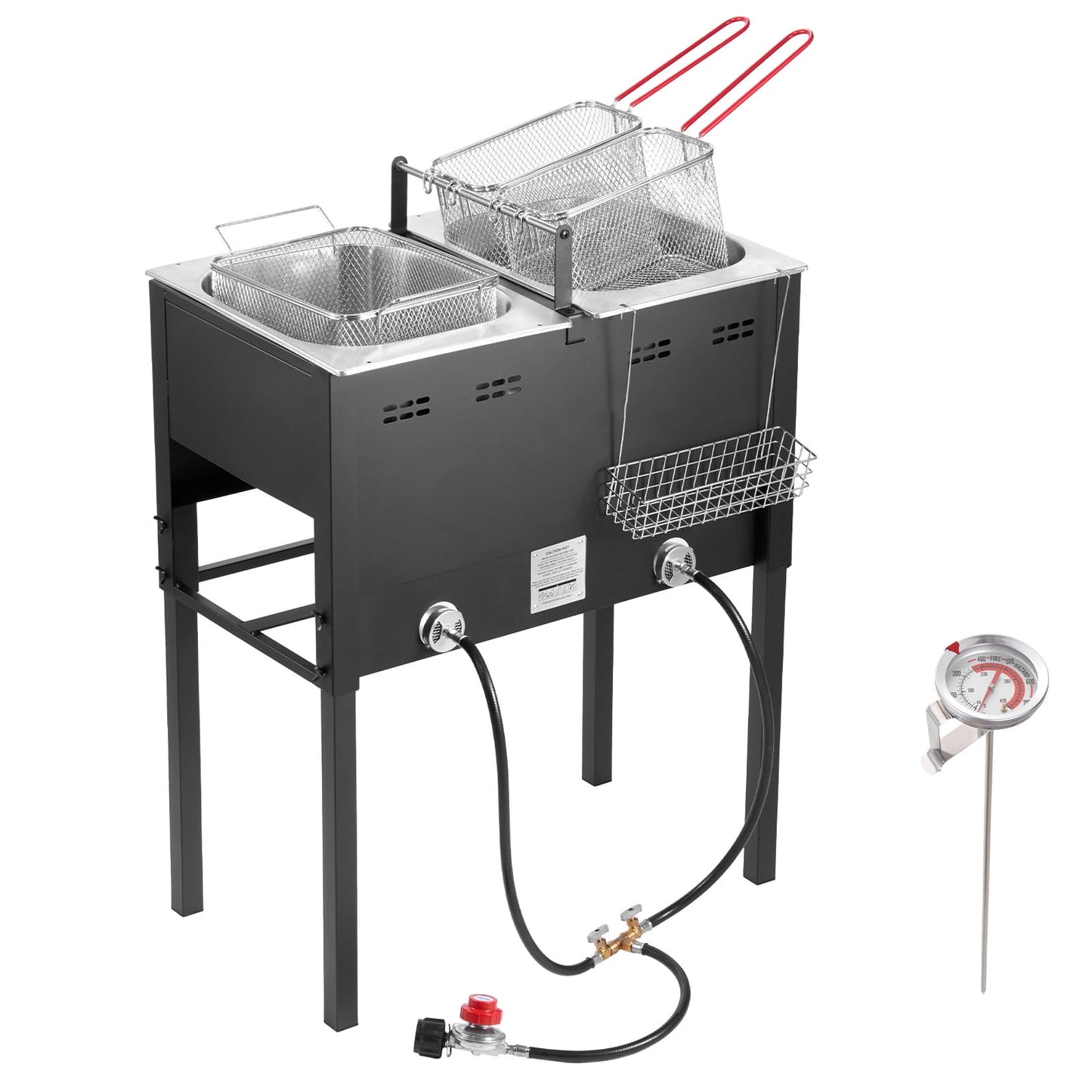 KFFKFF Outdoor Propane Deep Fryer, Dual-Tank 16QT x 2 Large Capacity Stainless Steel Fryer with 3 Baskets, Thermometer, Floor-Standing Design for Events, Camping, and Catering, 50,000 BTU
