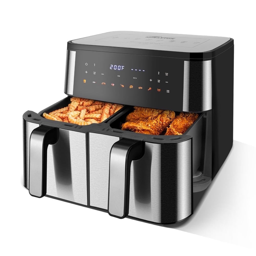 MIRASTON 10QT Double Basket Air Fryer, 1800W Smart SyncCook, Match Finish, 10-Quart, Family-Sized for Meals & Parties