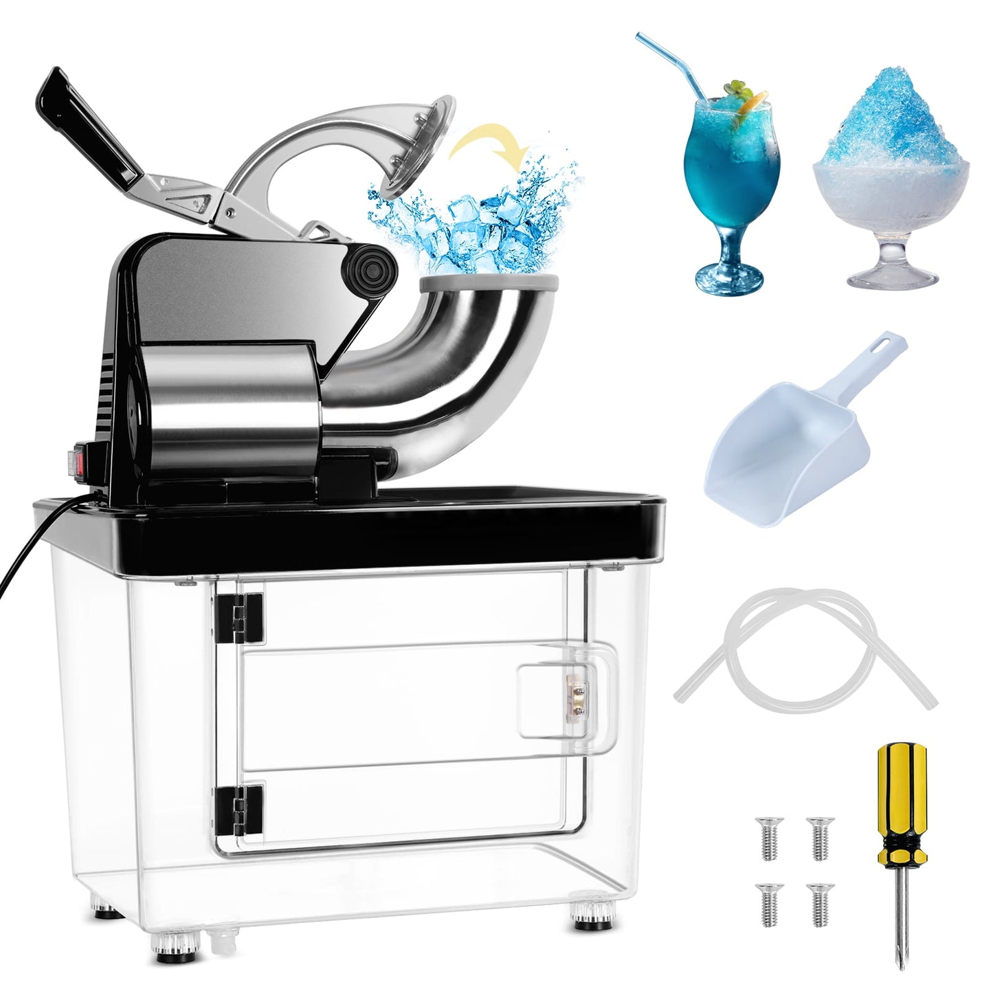 MIRROR Commercial Ice Crusher - 110V Electric Snow Cone Machine with Dual Blades, 300kgs/h, Stainless Steel Shaved Ice Machine for Family, Restaurants, Bars