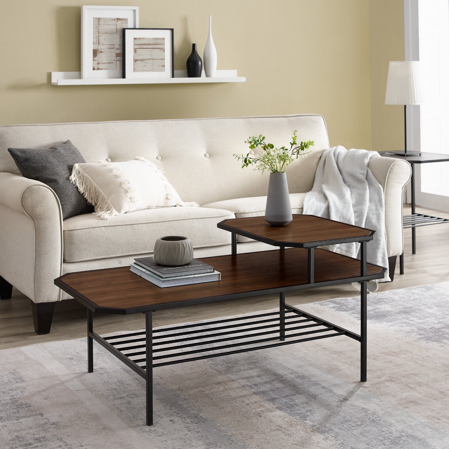 Manor Park Modern Octagon Metal Tiered Coffee Table, Dark walnut/Black