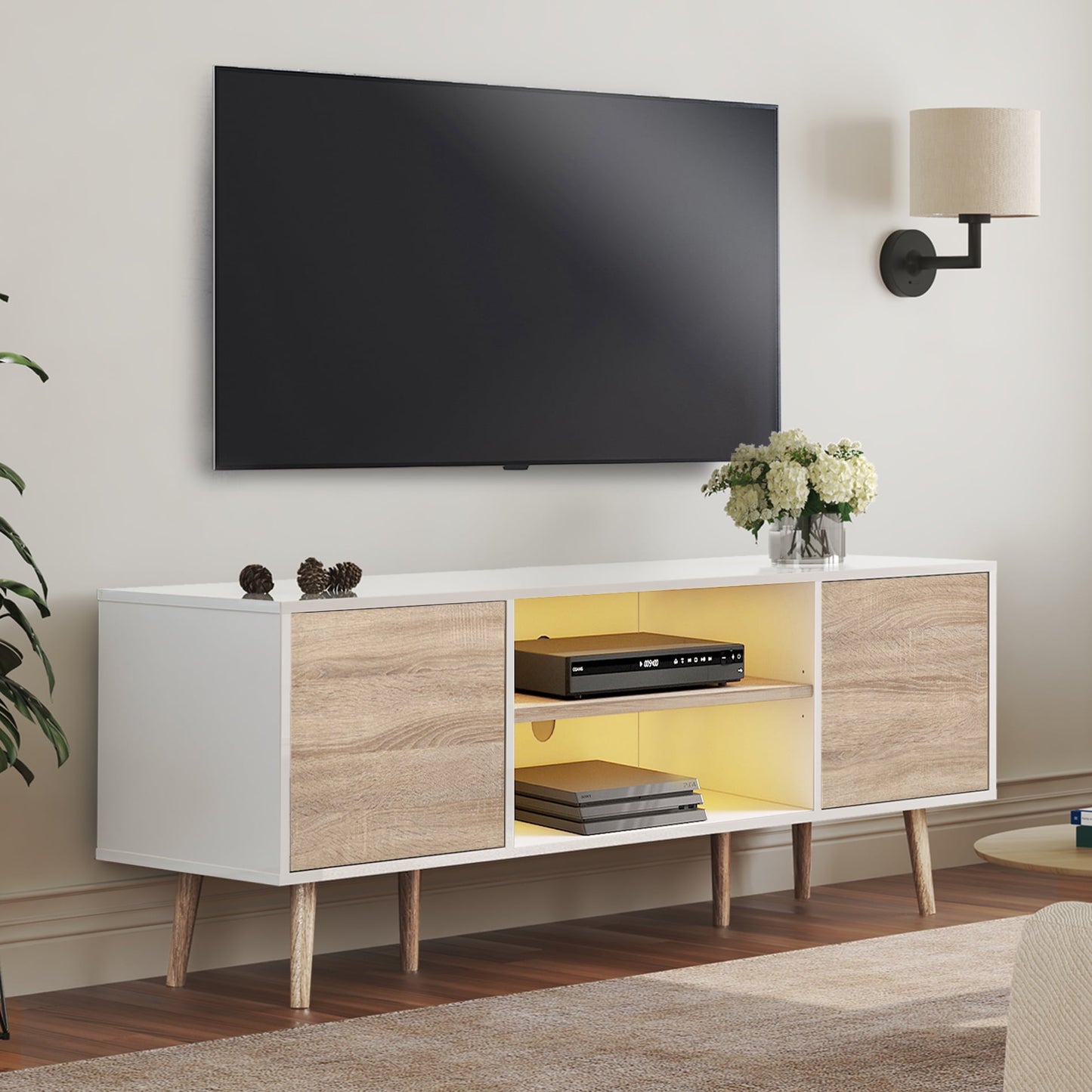 Mid Century Modern TV Stand for 60 inch Flact Screen, Wood TV Cabinet Media Console with Storage White/Beige