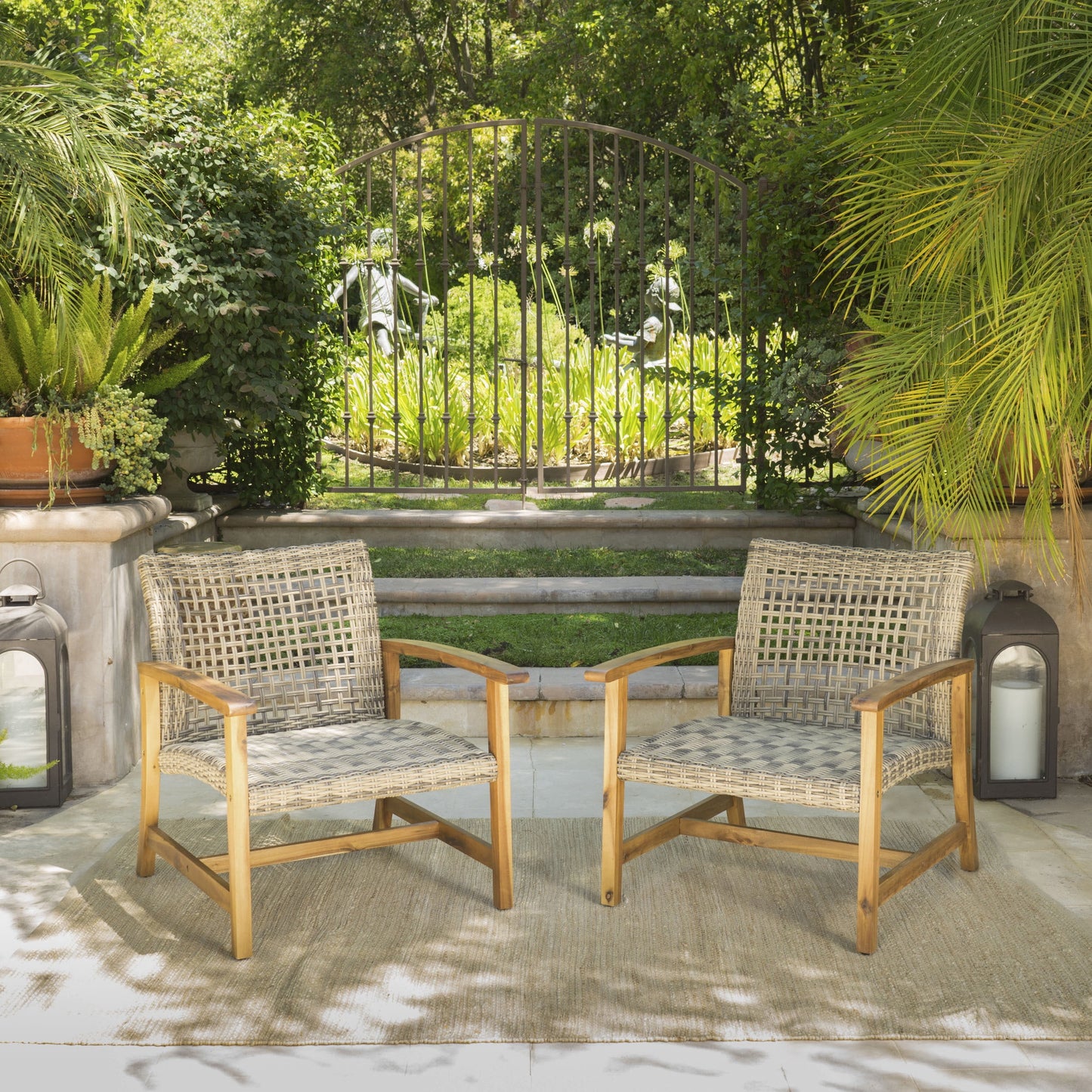Noble House Outdoor Mid Century Club Chairs with Natural Stained Acacia Wood Frame, Grey (Set of 2)