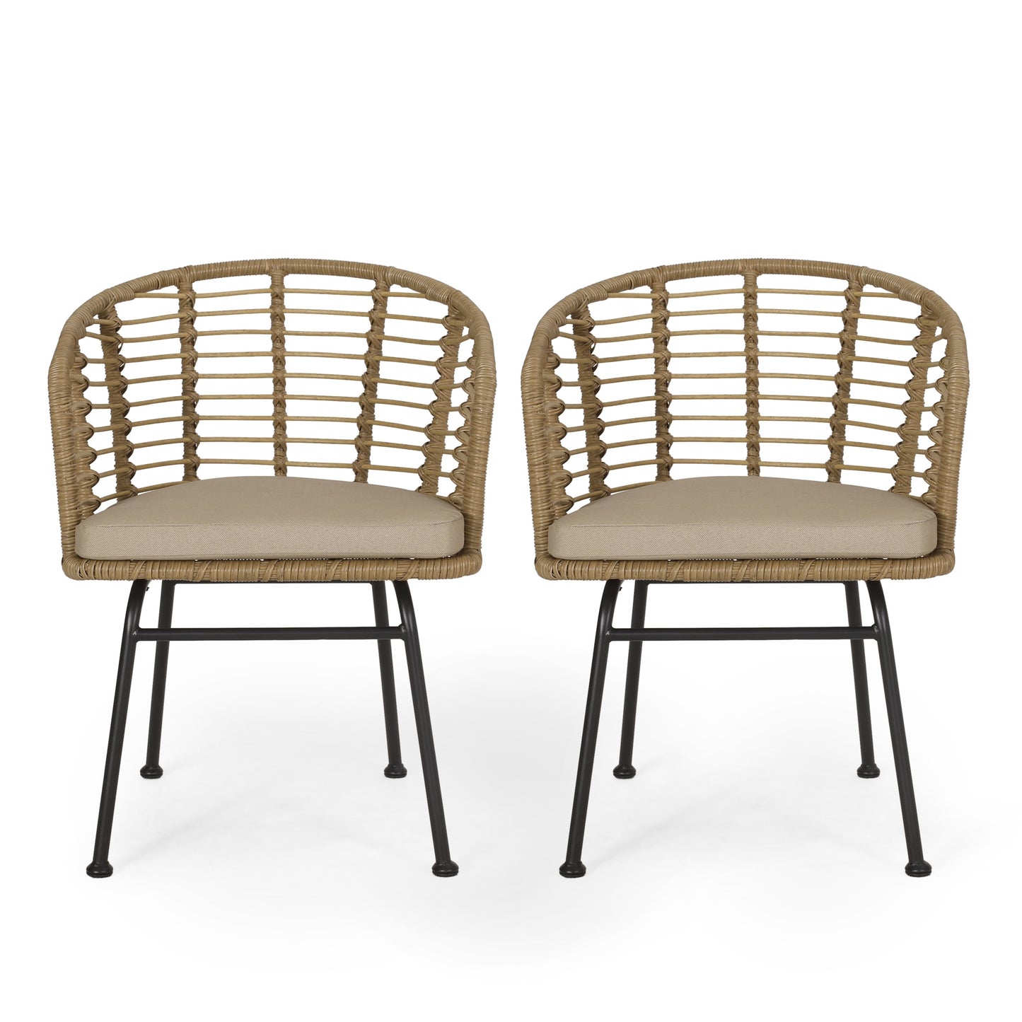 Sonnette Wicker Outdoor Chair with Water Resistant Cushion, Set of 2, Light Brown and Beige