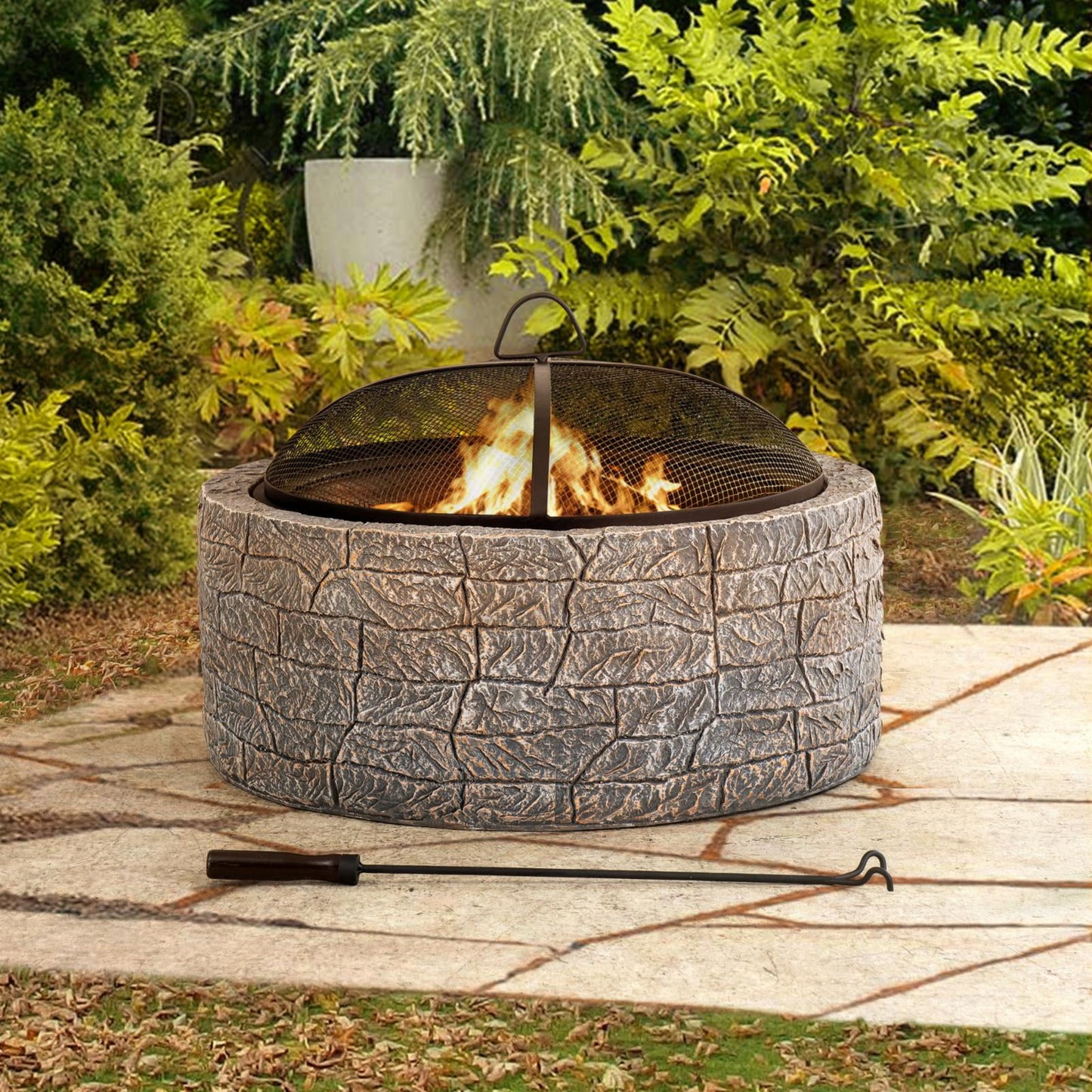 Sunjoy Stone Fire Pit 26 Inch, Outdoor Round Wood Burning Fire Pits with Spark Screen and Poker Grey