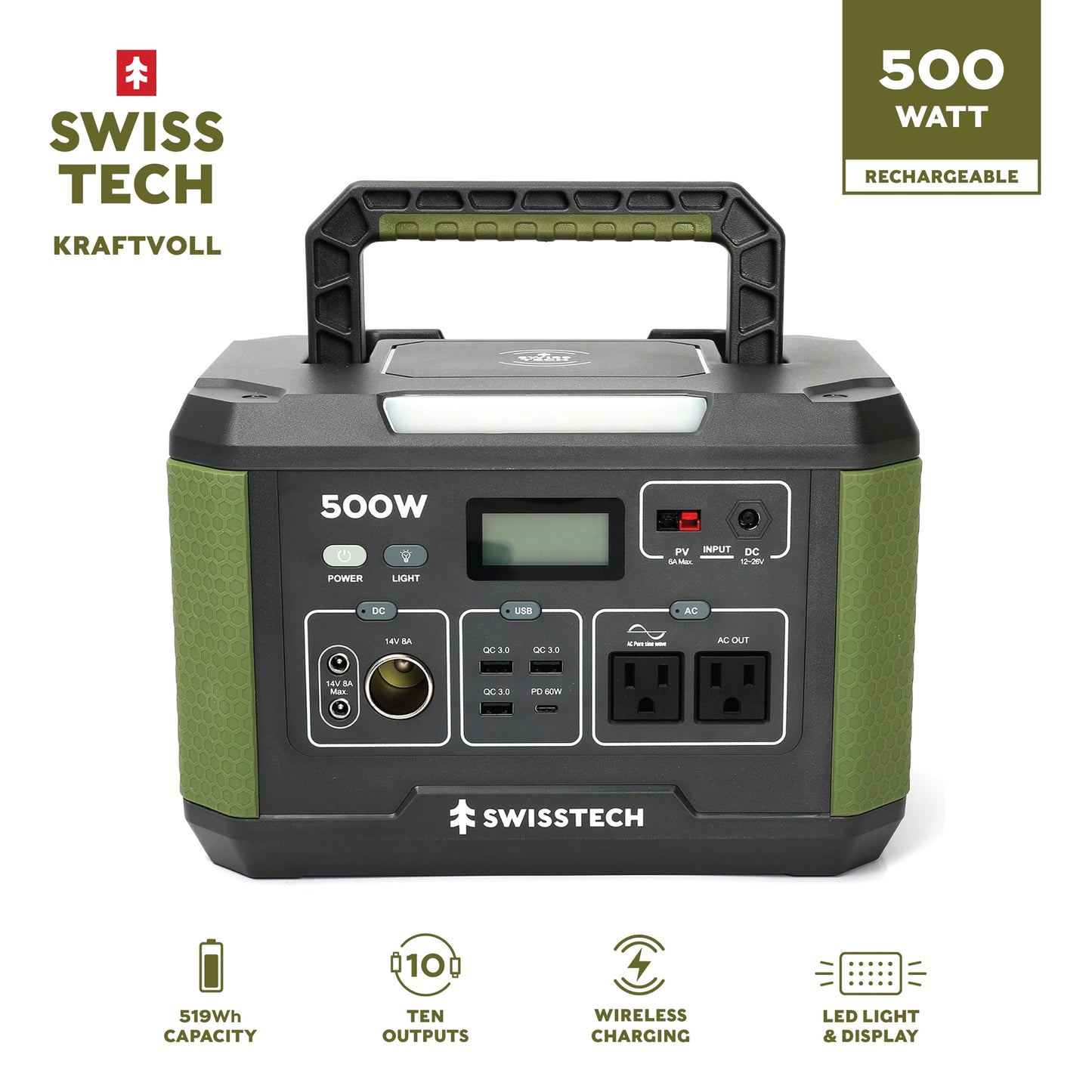 Swiss Tech 500W portable power station 519Wh solar compatible battery for outdoor & emergency use