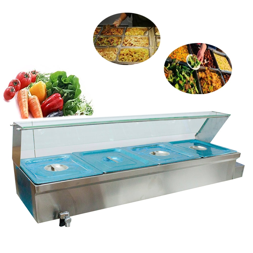 TECHTONGDA Buffet Food Warmer Stainless Steel Bain Marie Buffet Countertop 4 Pan Electric Steam Heater 6"Deep with Glass Shield
