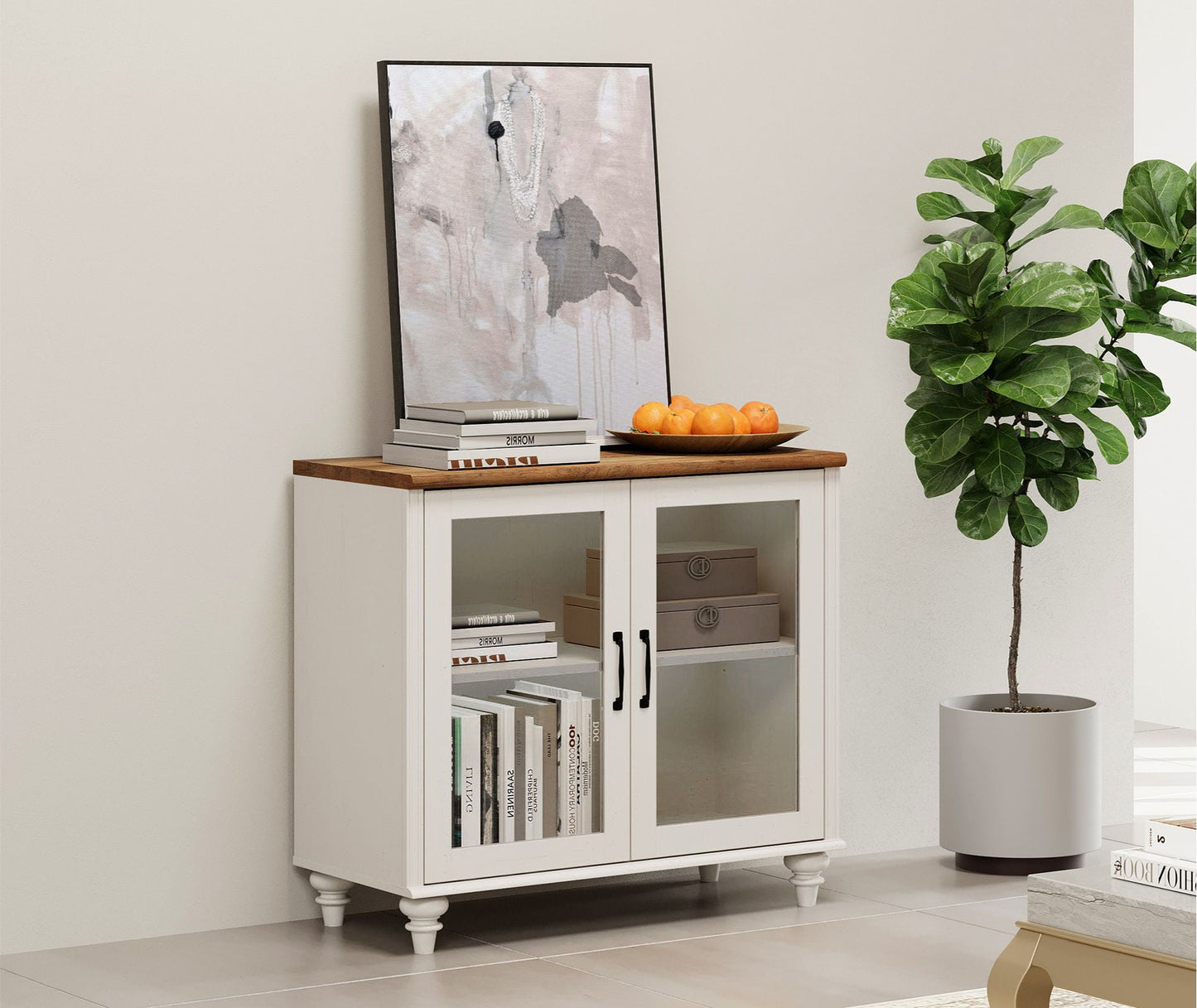 TV Stand for 43 Inch TV, Wood Entertainment Center with Glass Door and 2 Storage for Living Room,White/Oak