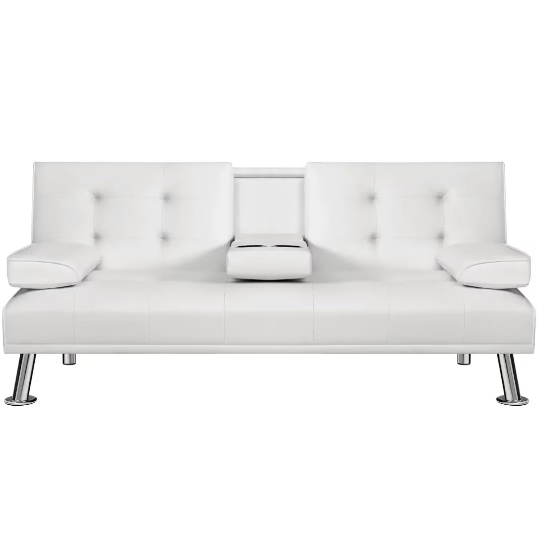 Vineego Modern Faux Leather Couch Convertible Folding Futon Sofa Bed with 2 Cup Holders,White