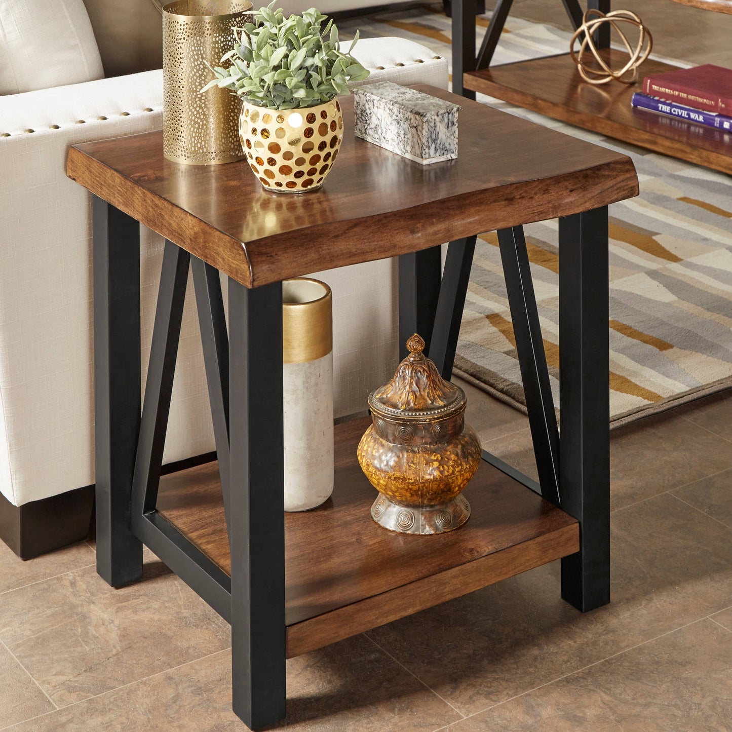 Weston Home Rustic Metal Base End Table with Natural Edge Table Top and Lower shelf
