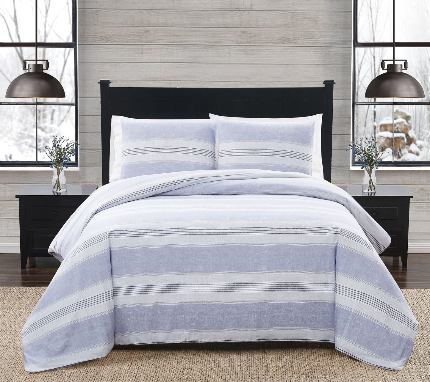 London Fog Blue Stripe Twin XL 2 Piece FlannelComforter Set