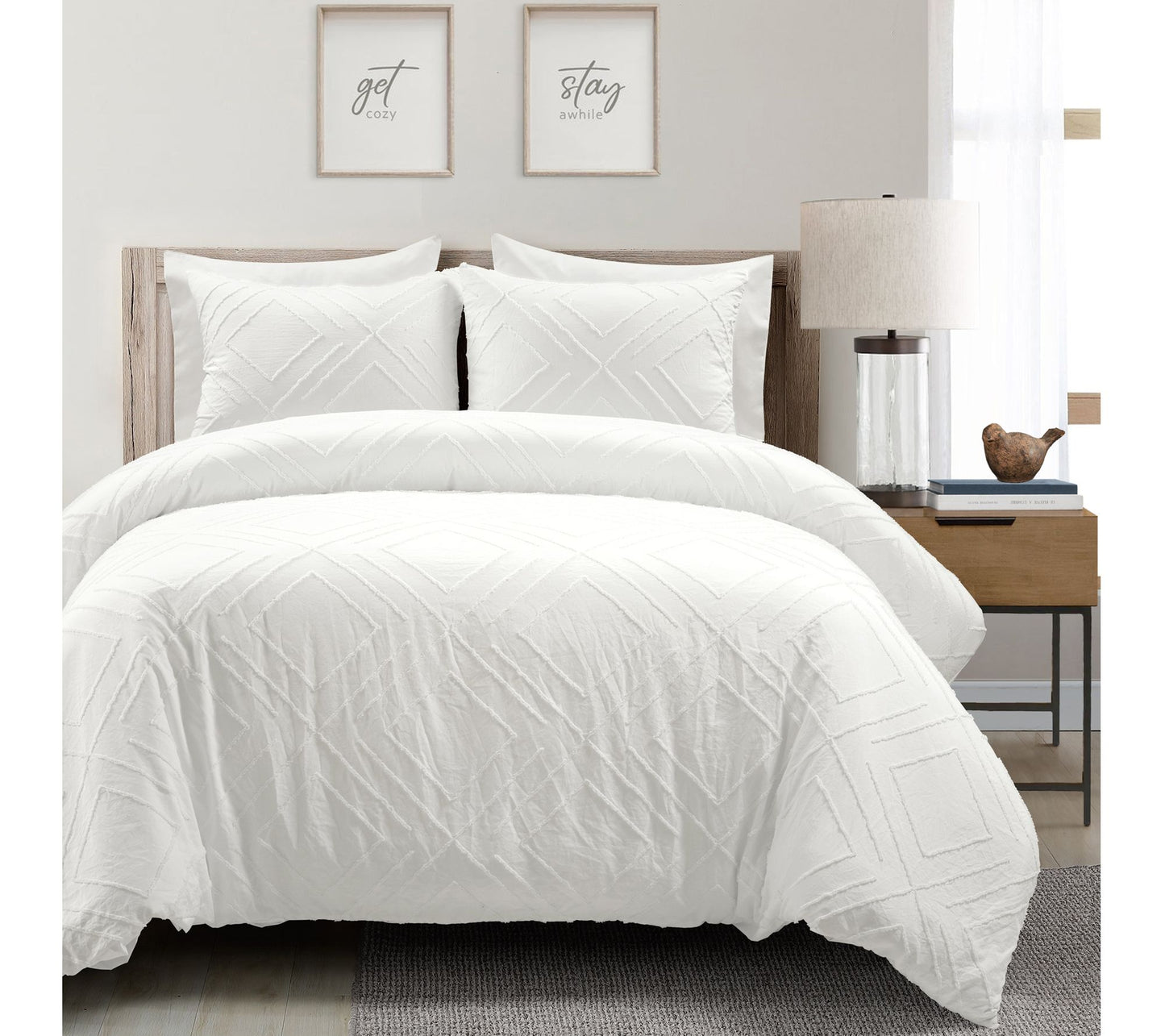 Diamond Clip Jacquard Duvet Cover Set White King by Lush Decor