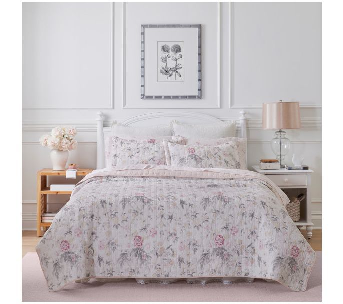 Laura Ashley Breezy Floral Grey King Quilt-ShamSet