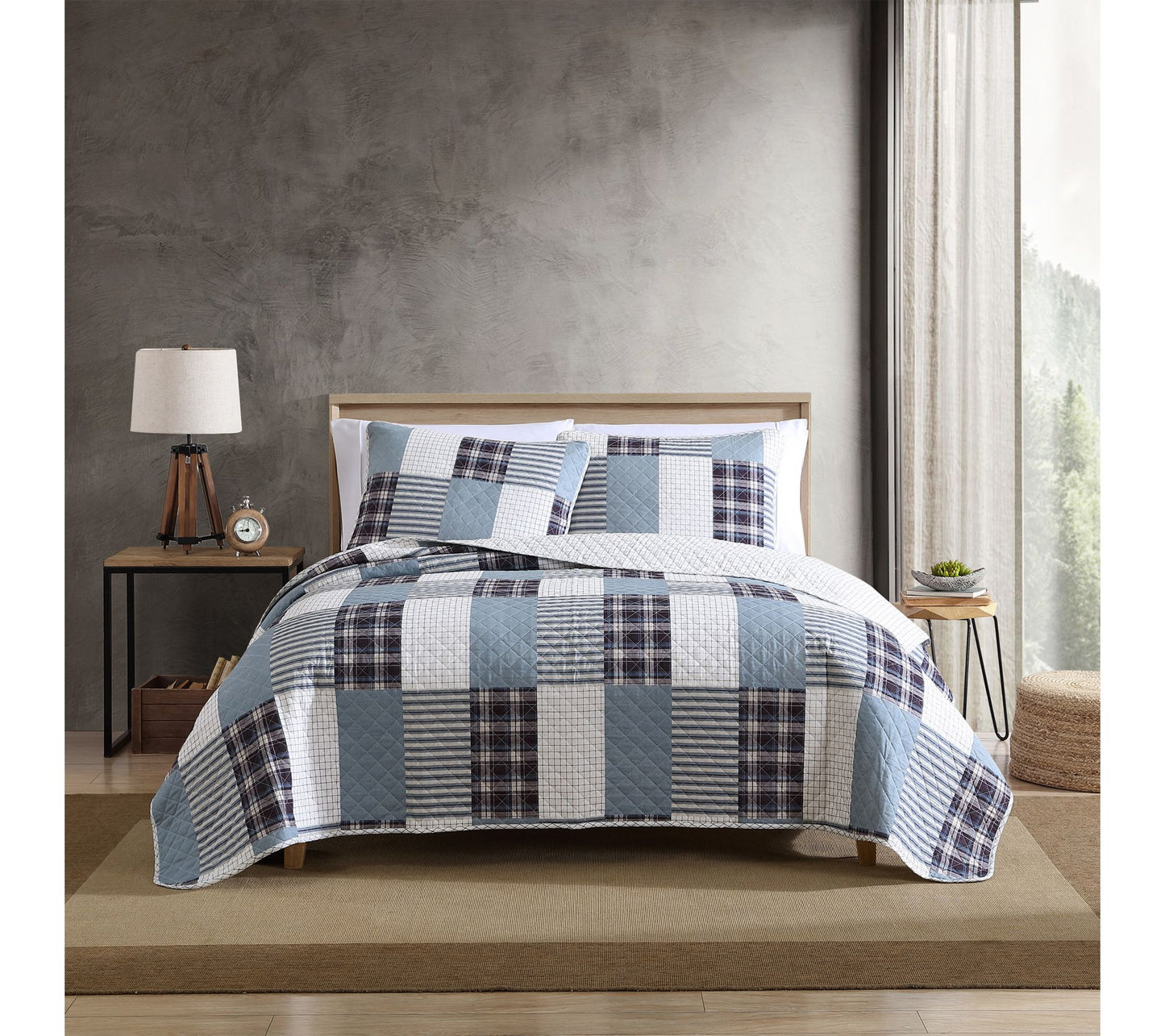 Eddie Bauer Camano Island Plaid Blue Cotton King Quilt Set