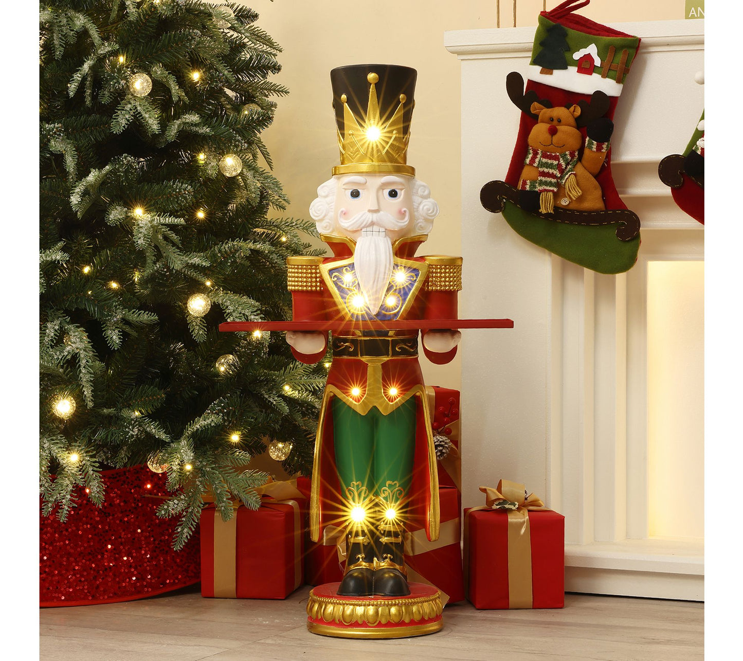 LuxenHome 3ft Lighted Red Nutcracker with Tray,Xmas Decor
