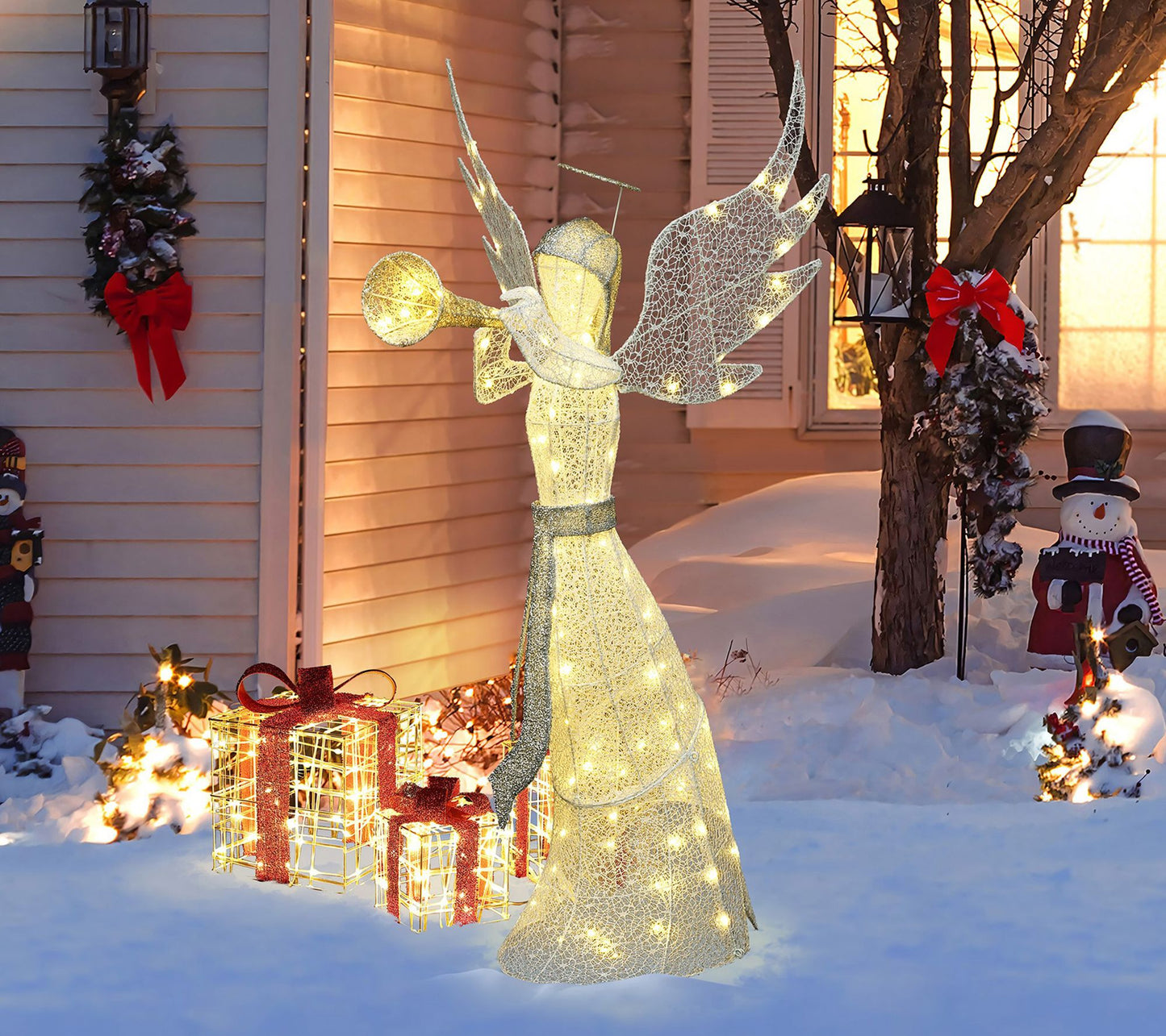 LuxenHome Lighted 5ft Angel With Gold Trumpet Xmas Decoration