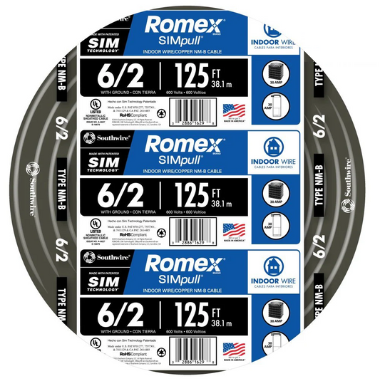 Southwire 125-ft 6/2 Romex SIMpull Stranded Indoor CU NM-B W/G Individual Pack (By-the-roll) 28894402