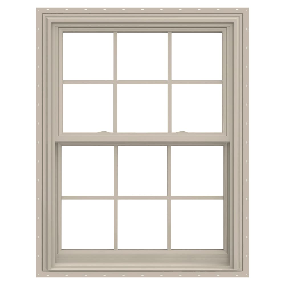 JELD-WEN V-2500 31-1/2-in x 37-1/2-in Desert Sand Desert Sand Vinyl New construction Double Hung Window Low-E argon Double Pane Glass with Grids (Full Screen Included)