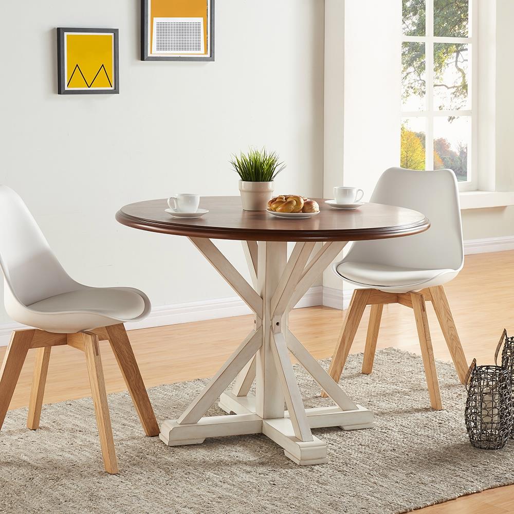 Boston Loft Furnishings Bedelia Dark tobacco/antique white Round Transitional Composite Dining Table, with Antique white Finish and Composite Pedestal Base 41-in L x 30-in H