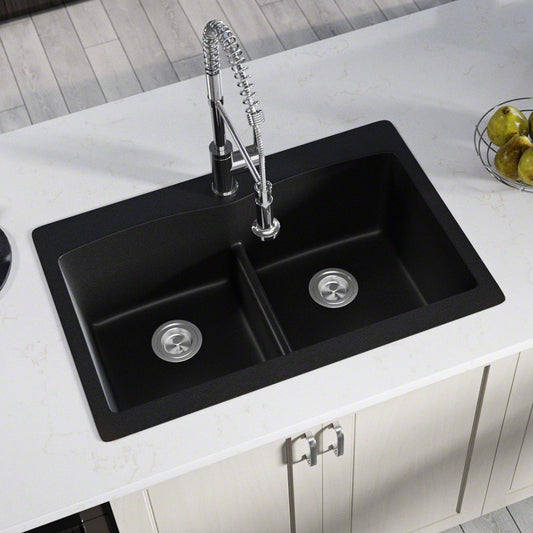 MR Direct Drop-in 33.0-Inches x 22.0-Inches Black Composite Double equal bowl 5-Hole Kitchen Sink